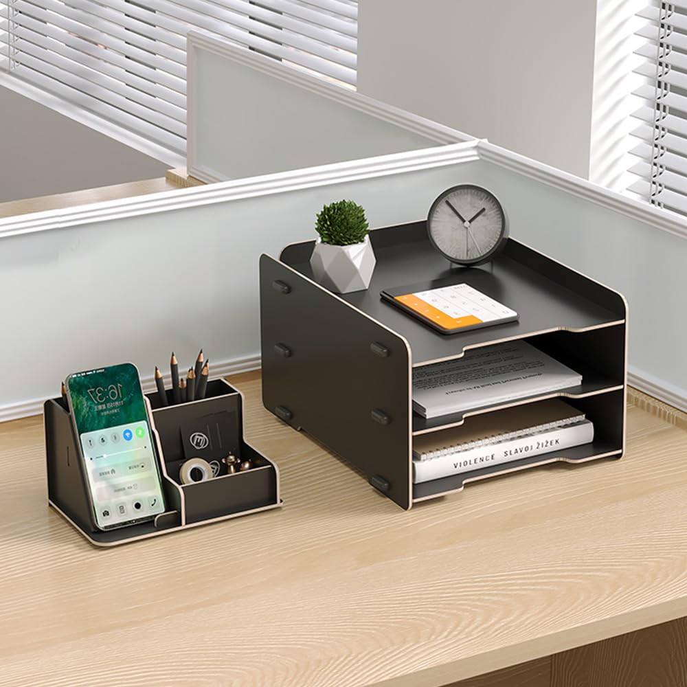 NUODWELL Organizador de Escritorio de Madera - Bandeja de Papel/Cartas de 3 Niveles/Soporte para Archivos y Documentos A4/Portabolígrafos, Organizador de Escritorio y Almacenamiento para Suministros