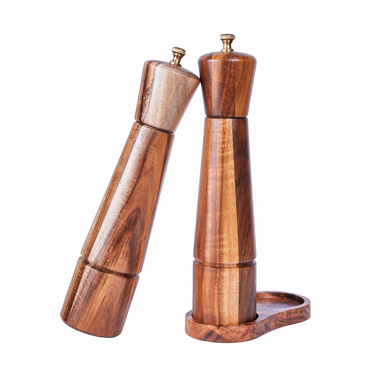 DeroTeno Salt and Pepper Mill Set with Tray, Adjustable Ceramic Grinder Salt Mill, Stainless Steel Grinder Pepper Mill, Acacia Wood, 27 cm Height, Bottom Dia 6 cm (Tray is Included)