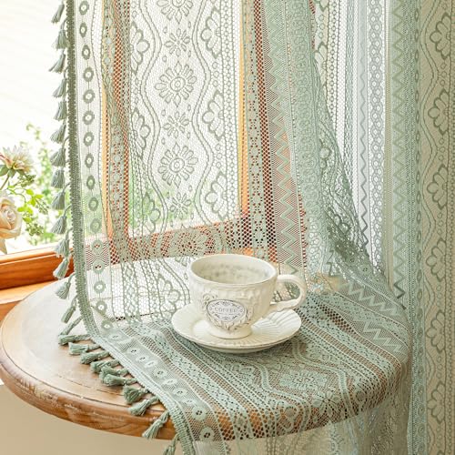 Image of MYSKY HOME Boho Sheer Lace Curtains 2 Panels Set 72 inch Long Vintage Floral Crochet Pattern Privacy Rod Pocket Tassels Small Windows Spring Curtains for Living Room Bedroom, 55 inch W, Sage Green