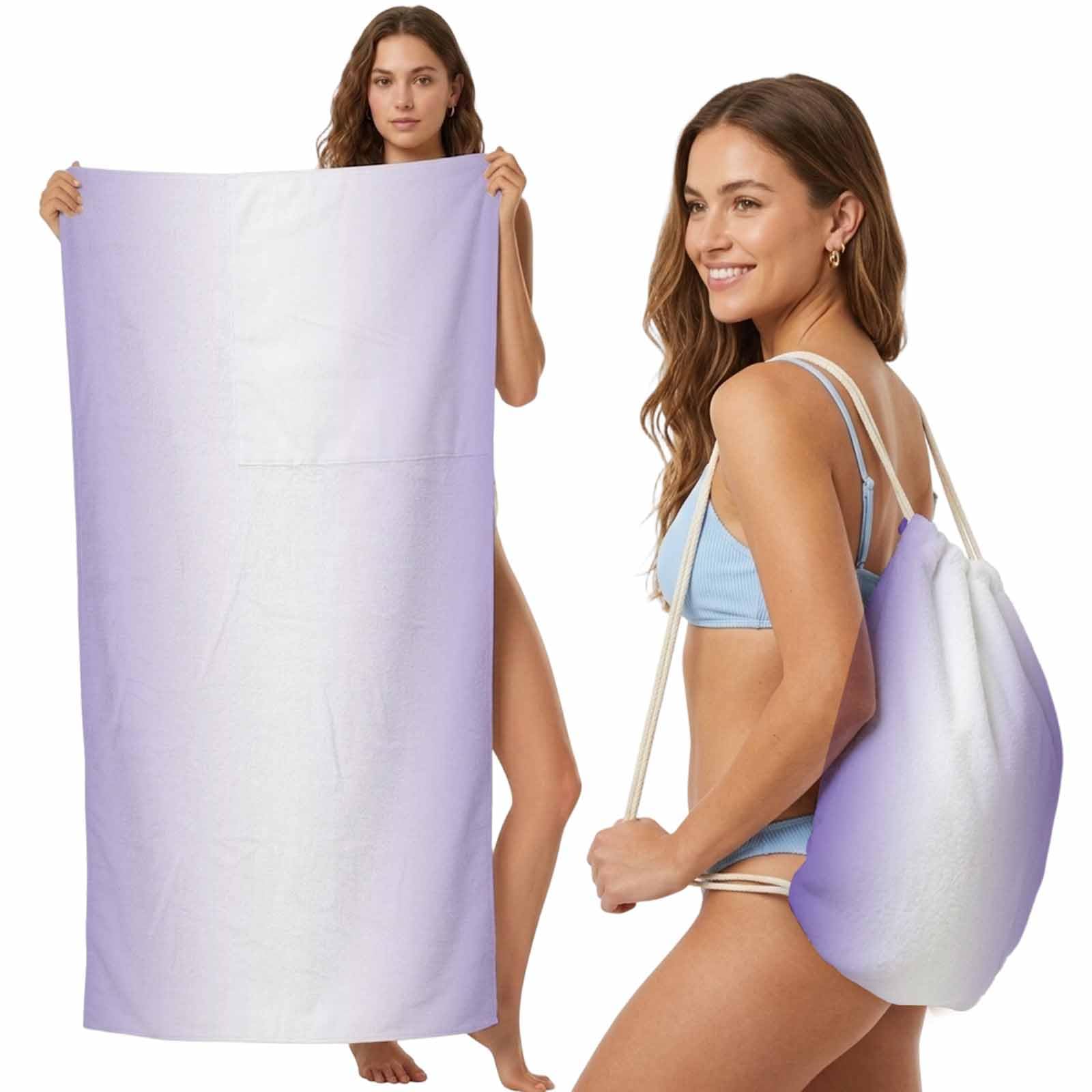 FWJZDSP Beach Towel Backpack Convertible Ombre White Purple Sand Free Quick Dry Towel Bag Gradient Color Beach Towel with Adjustable Straps for Travel Swimming Pool Beach Accessories 31.5x63in