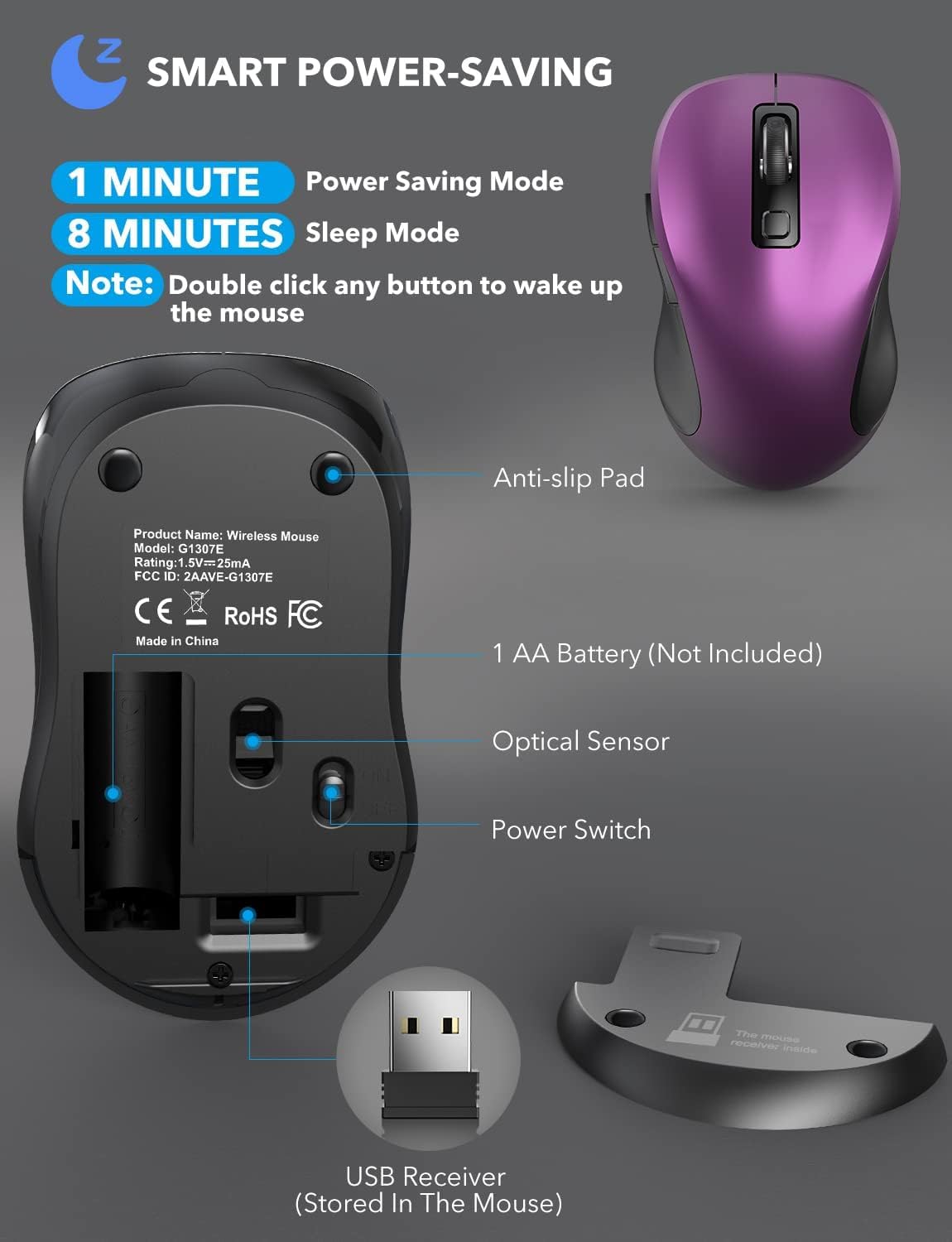 Trueque Bezprzewodowa mysz do laptopa, ergonomiczna mysz komputerowa 2,4 GHz z przyciskami do tyłu i do przodu, 3 poziomy prędkości śledzenia, 6 przycisków, optyczne myszy bezprzewodowe USB, do