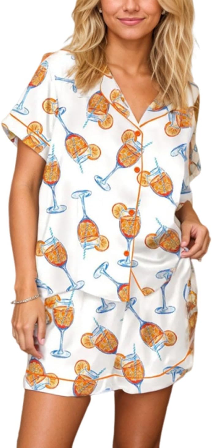 VKEGNIO Womens Pajamas Set Short Sleeve Button-Down 2 Piece PJ Set Lounge Sleepwear Cute Graphic Tees PJ Set