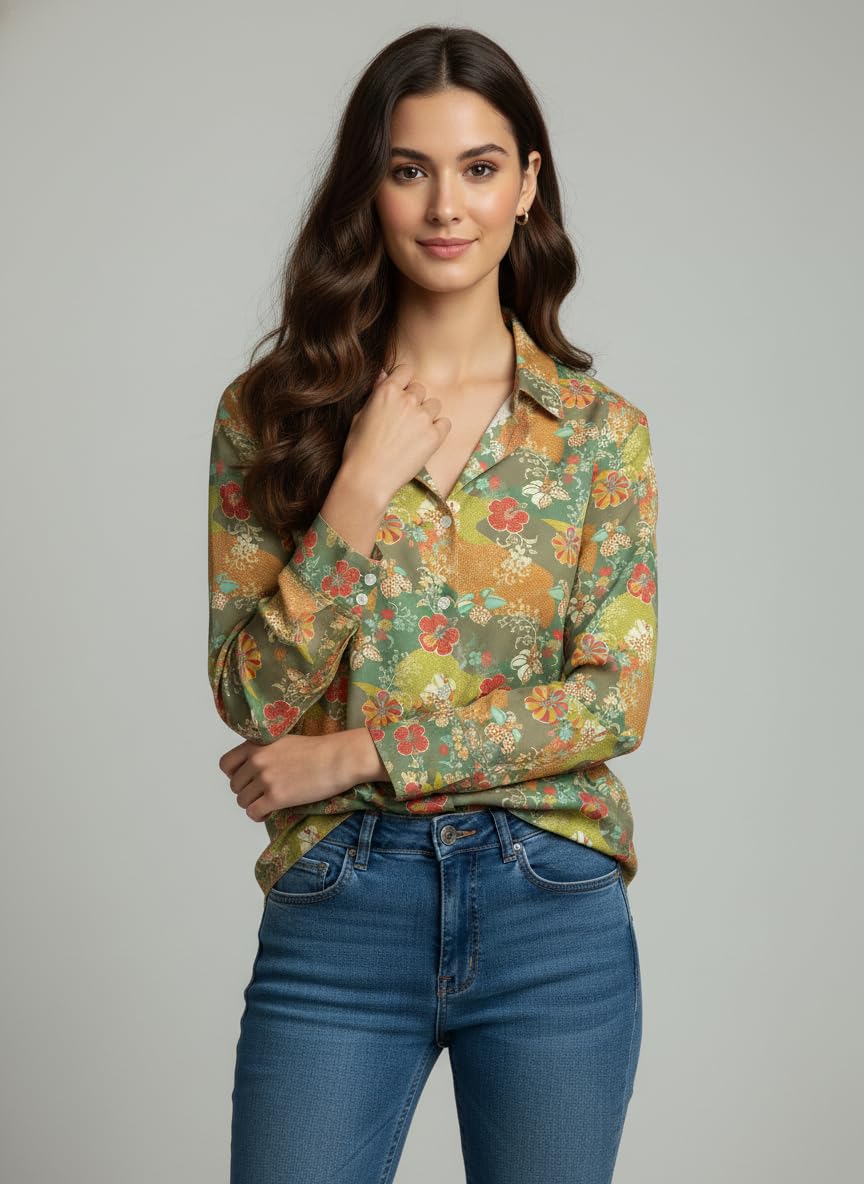 ANNI Designer Bedrucktes Damenhemd aus Baumwollmischgewebe, langärmelig, normale Passform, Kragen, legere Bürokleidung, elegante Western-Kleidung für den Alltag, Hochzeit, Party