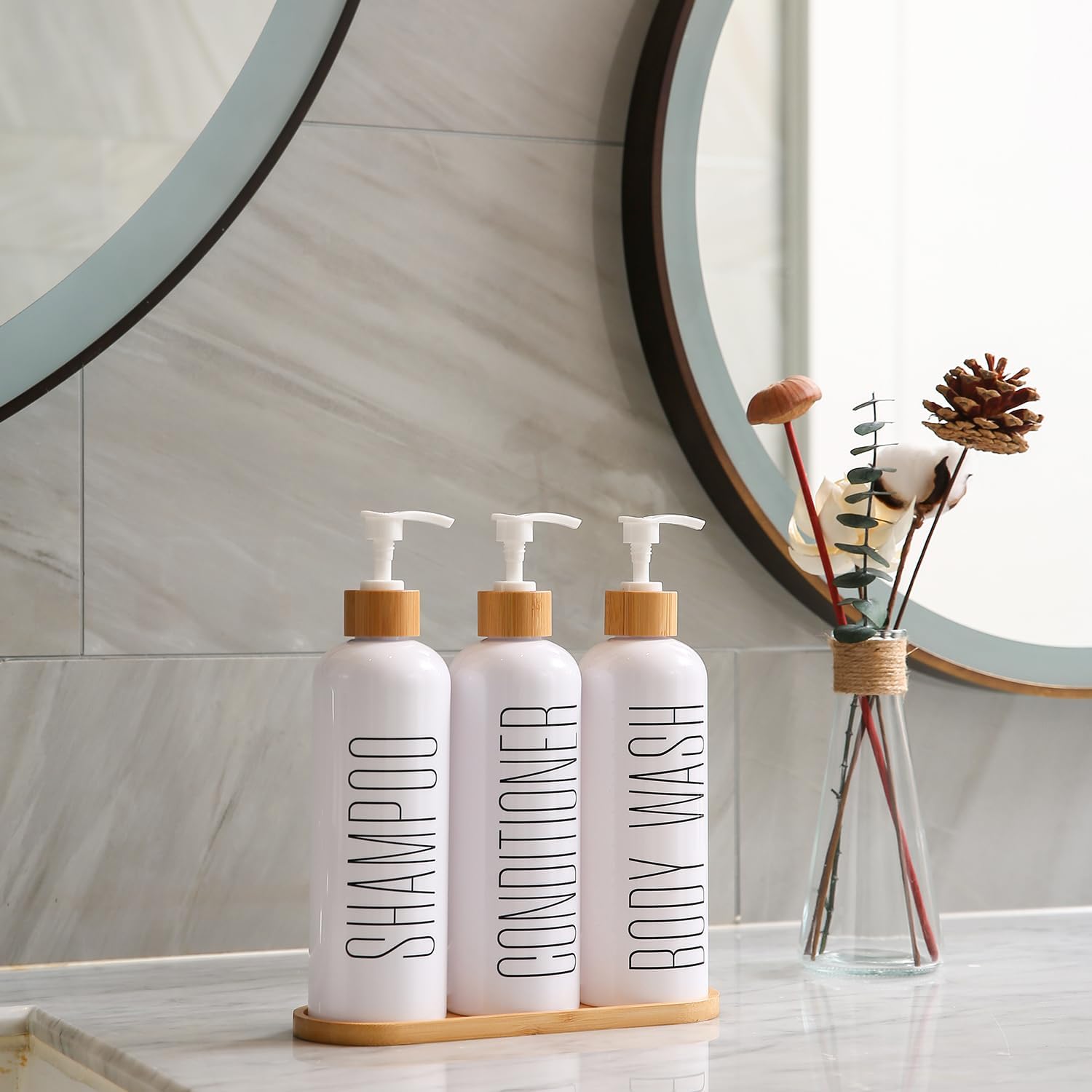 Shampoo and Conditioner Dispenser, Contains Shampoo Conditioner Body Wash Dispenser. Shower Soap Dispenser with Bamboo Pumps & Tray, Perfect for Modern Bathroom Decor. (White) - Image 2