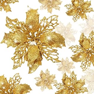 KAHEIGN 36Pcs Christmas Poinsettia Flowers, Gold Glitter Artificial Poinsettia Flowers Christmas Tree Ornaments for Wedding Christmas Wreath Home Party Decor (3 Size)