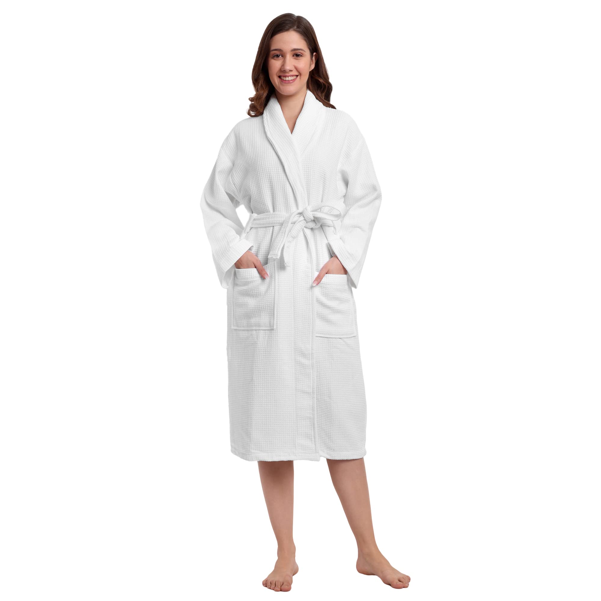 DREAMWEAVERS 100% Cotton Honeycomb Premium Shawl Collar Bathrobe Waffle Weave I Double Sided I for Women I Free Size (White)