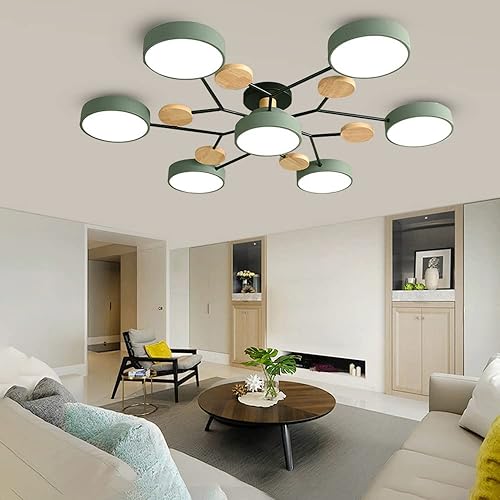 Vista 9 de Lámpara LED de techo, 34 pulgadas, 7 luces, moderna lámpara de techo empotrada de madera de 56 W, lámpara regulable para sala de estar, dormitorio