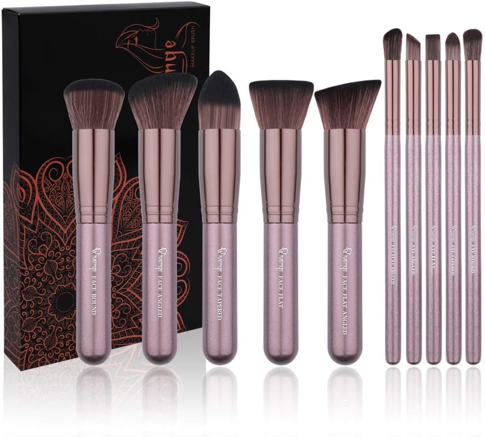 Qivange Makeup Brush Set, Synthetic Soft Kabuki Flat Top Foundation Bronzer Eyeshadow Labeled Makeup Brushes(10pcs, Coffee Gold)