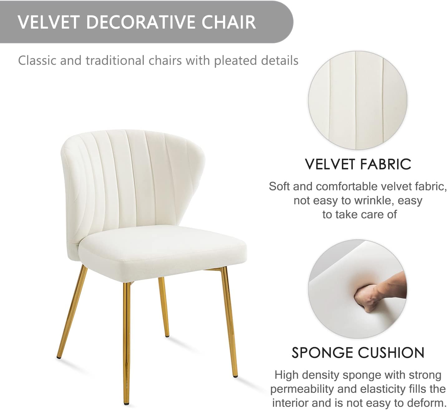 Nrizc Velvet Dining Chairs Set of 2, Modern Dining Chair with Golden Metal Legs, White Upholstered Dining Side Chairs for Dining Room, Kitchen, Living Room