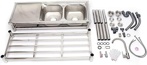 Miniatura 4 de Fregadero de cocina comercial, fregadero de acero inoxidable de 2 compartimentos, fregadero de restaurante independiente, mesa de preparación de