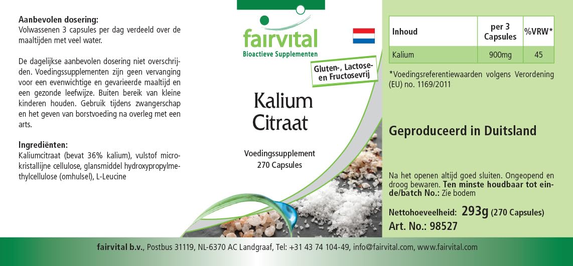 fairvital Citrate de potassium en gélules, HAUTEMENT DOSÉ, 300mg de potassium par gélule, VÉGÉTALIEN, Potassium Citrate, 270 gélules