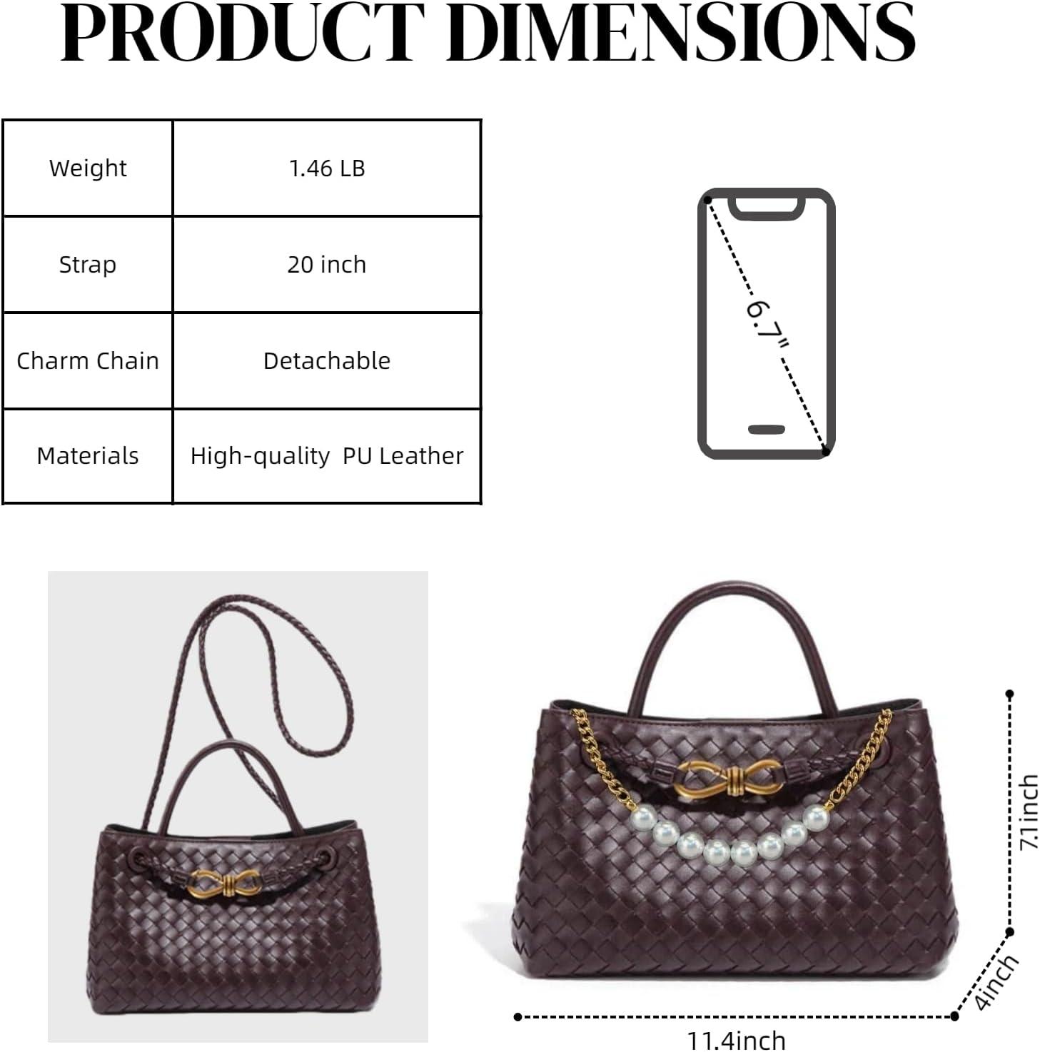 Woven Tote Bag for Women with Removable Pearl Chain Vegan Leather Woven purse Mediu... - Image 3