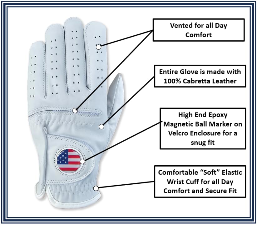 USA Flag Leather Golf Gloves - 100% Cabretta Leather Golf Glove with Magnetic Ball Marker for Right & Left Hand Golfers, Adult Men's, Small to XXL Sizes