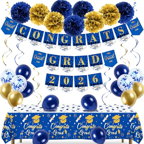 algpty Graduation Decorations 2026 Navy Blue and Gold Grad Party Decorations Including Congrats Grad 2026 Banners Paper Pompoms Hanging Swirls Balloons for Graduation Party Decorations