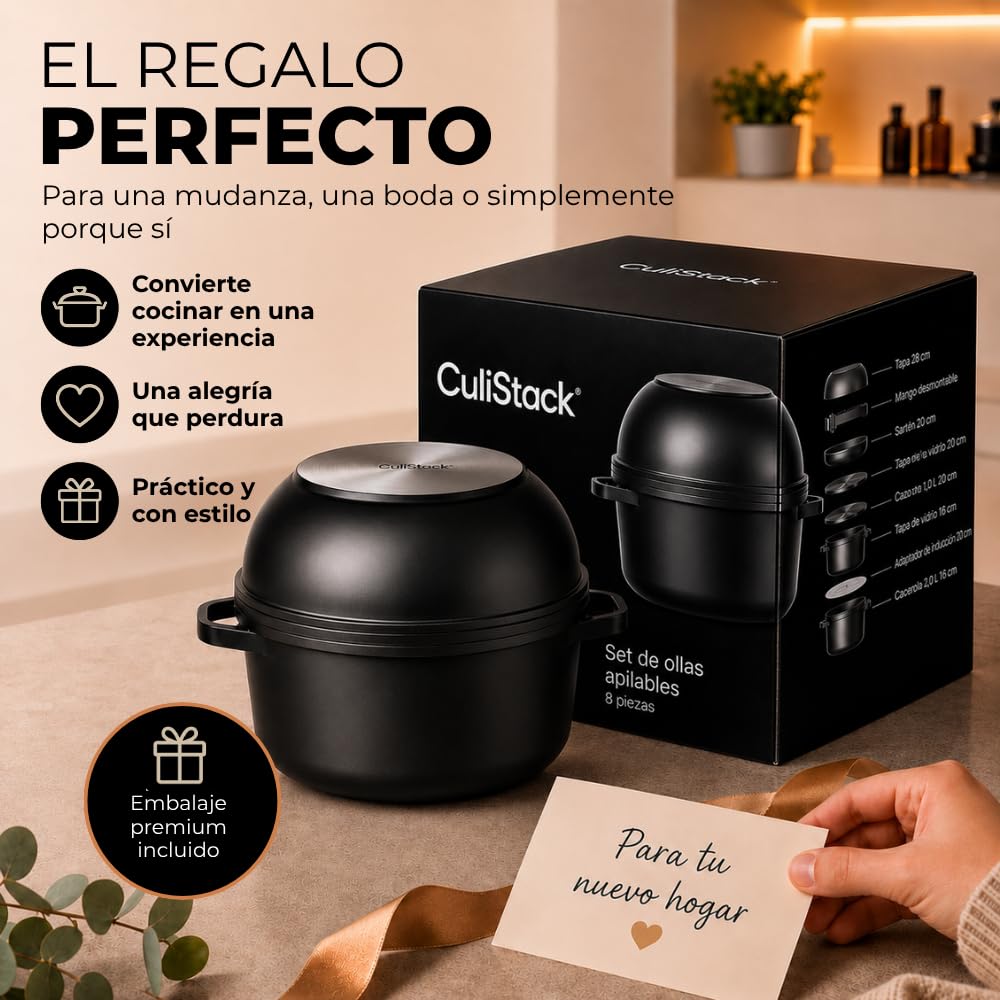 Essential Batería de Cocina 8 Piezas, Juego de Sartenes Antiadherentes sin PFAS con Mango Extraíble y Función de Vertido, Sartenes Inducción, Apilable, Apto Horno, Set de Sartenes
