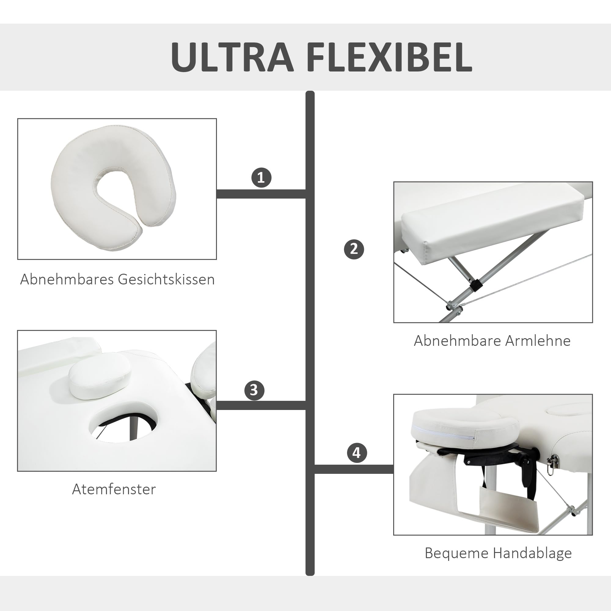 HOMCOM Mobile Massageliege 3 Zonen Klappbar Massagetisch mit Kopfstütze Armlehne Tragetasche höhenverstellbare Aluminium Massagebett tragbar inkl. Zubehör Massagebank bis 225 kg Belast Weiß