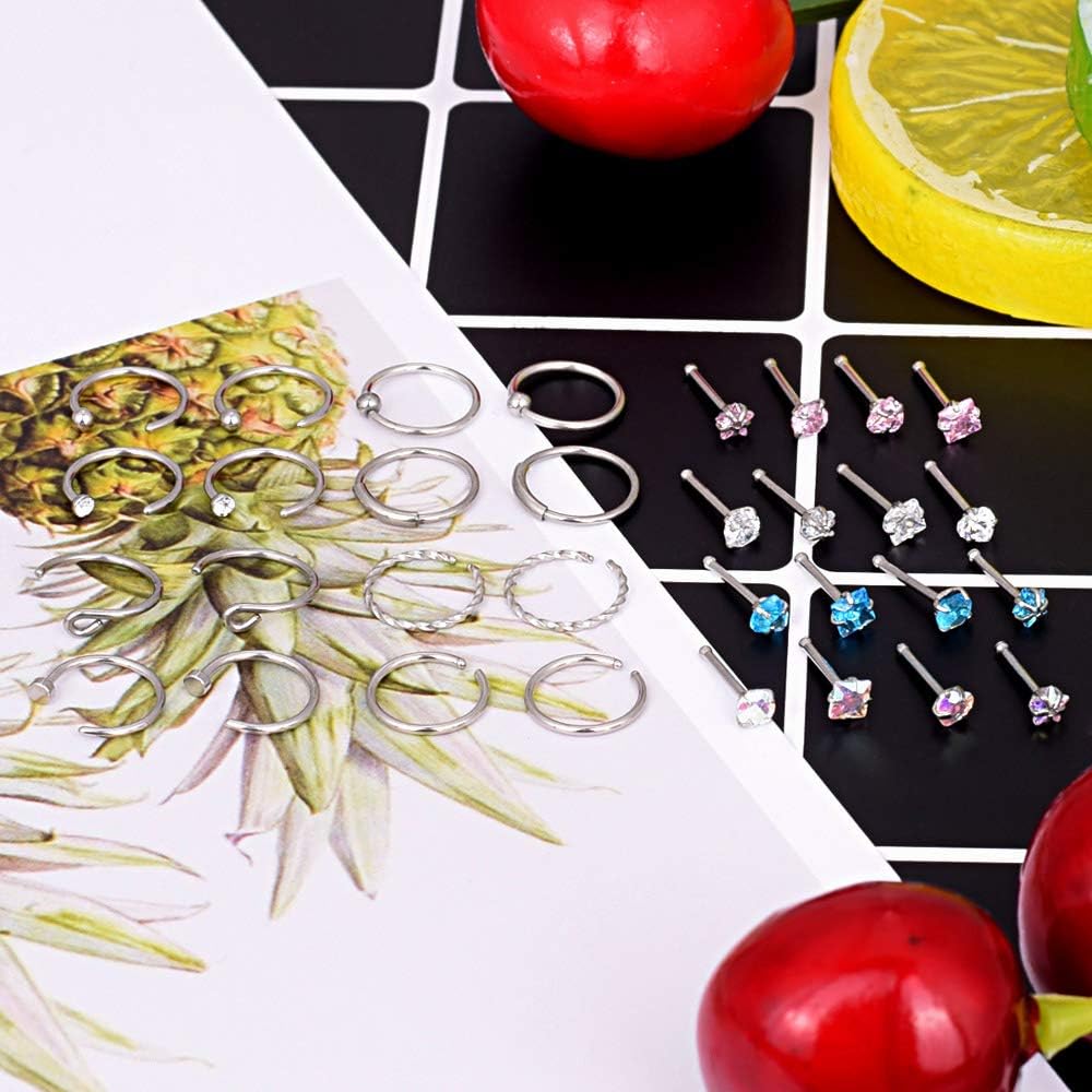 YOFANST 20G Nose Ring Hoop Septum Rings L-Shaped S-Shaped Nose Pin Studs Bone Tragus Cartilage Rings