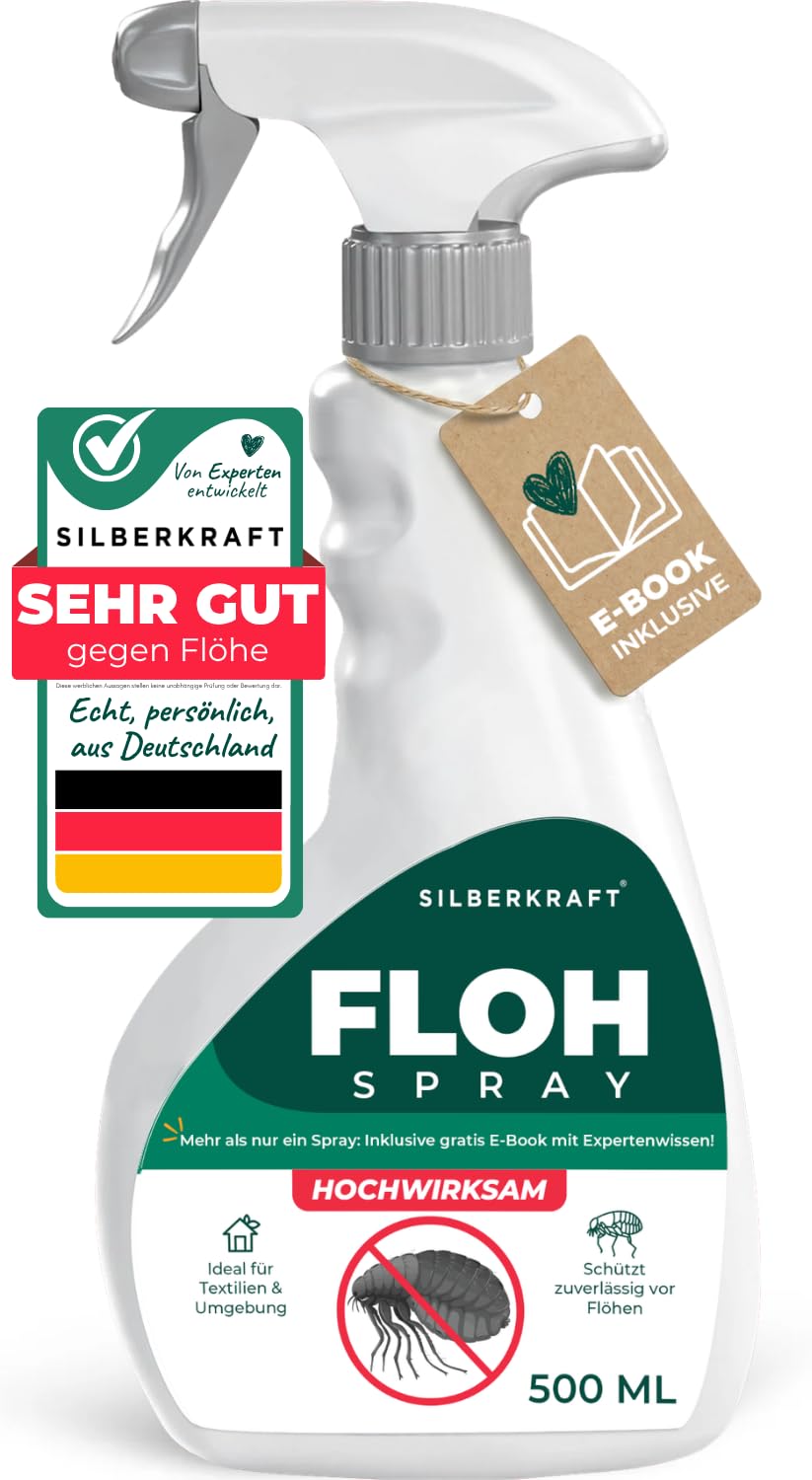 Silberkraft Flohspray für Wohnung & Möbel 500 ml - effektives Abwehr-Mittel gegen Flöhe & Larven mit Sofortschutz - Flohmittel zum Flöhe bekämpfen - hochwirksam & laborgeprüft