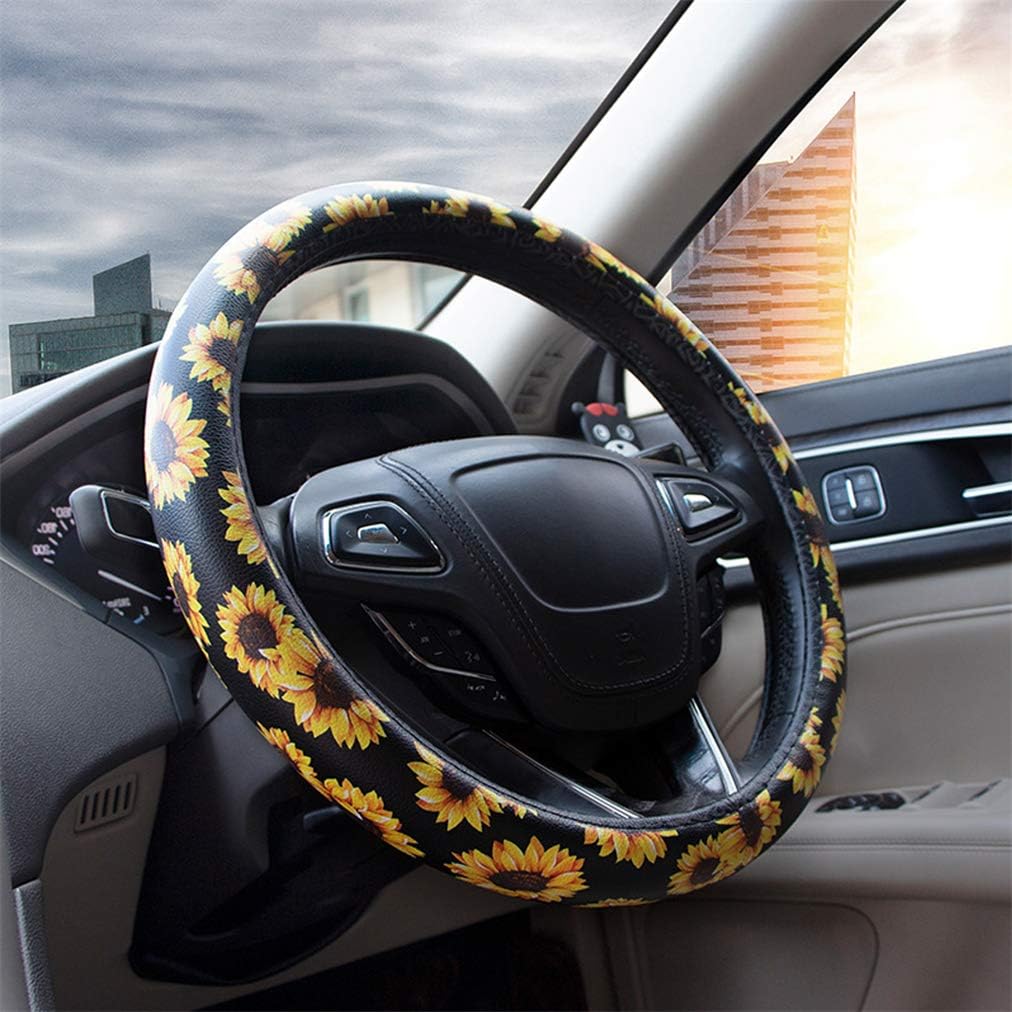 Leather Car Steering Wheel Cover, Anti-Slip Steering Wheel Protector for Women Girls Ladies, Universal 15 inch, Black with Sunflower