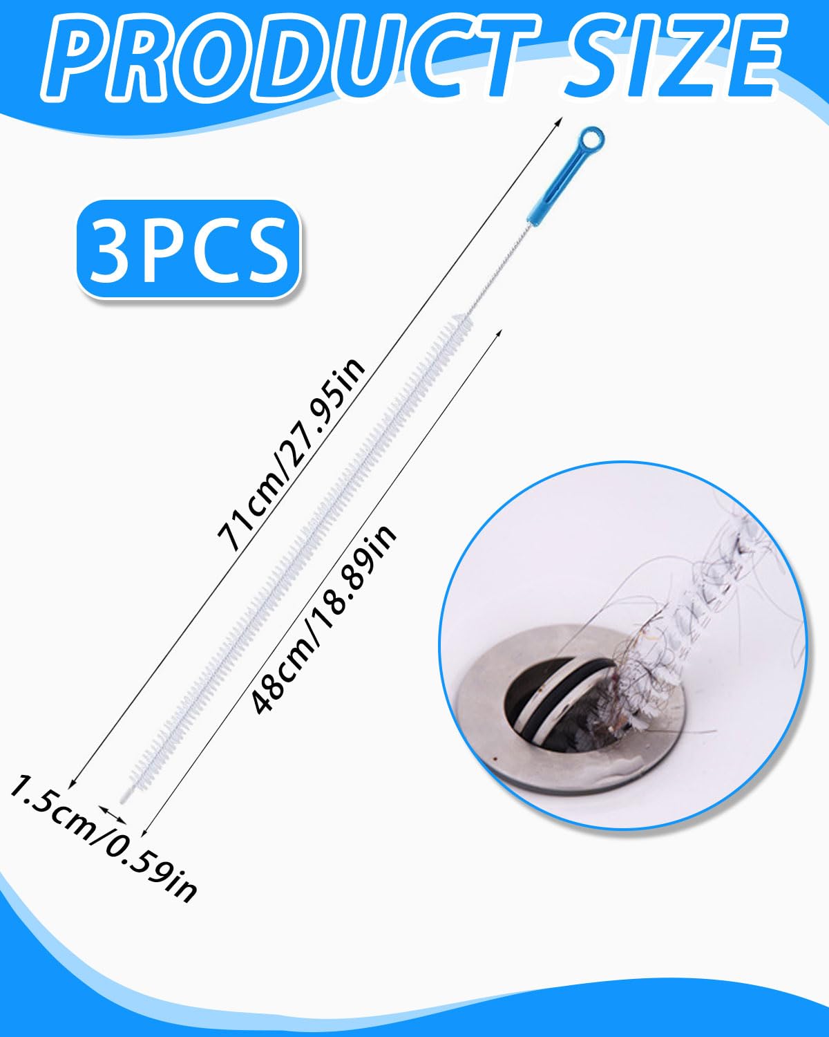 3 Piezas Cepillo de Limpieza para Desagüe, Herramienta de Drenaje para Eliminar Pelos y Desatascar, Cepillos para Tuberías, para Cocina, Fregadero y baño