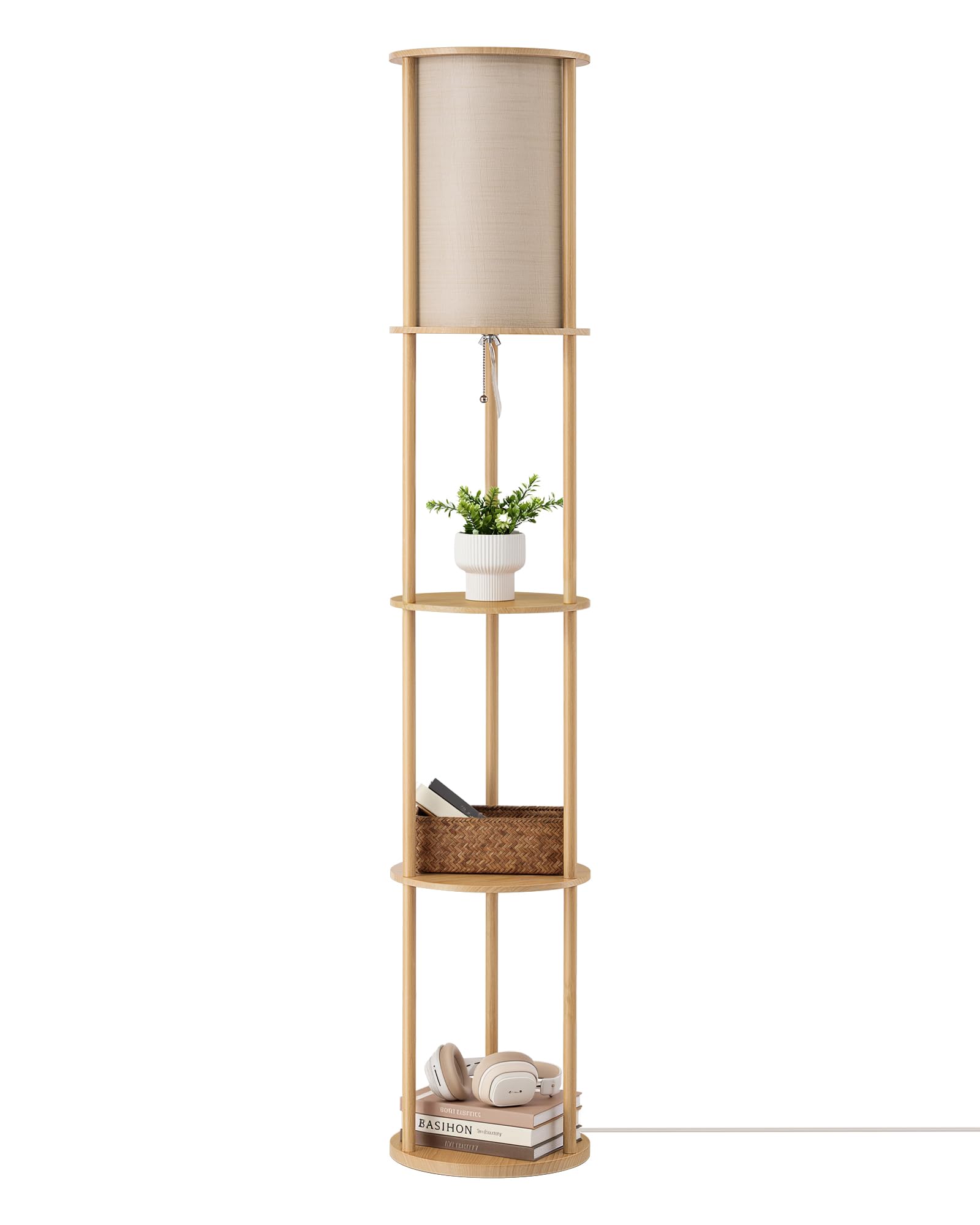 EDISHINE Lampada da Terra con Mensole, Paralume in Lino e Struttura in Metallo Effetto Legno, Attacco E27, Lampada LED con 3 Ripiani Rotondi per Soggiorno, Camera da Letto, Inclusa LED 9W 2700K