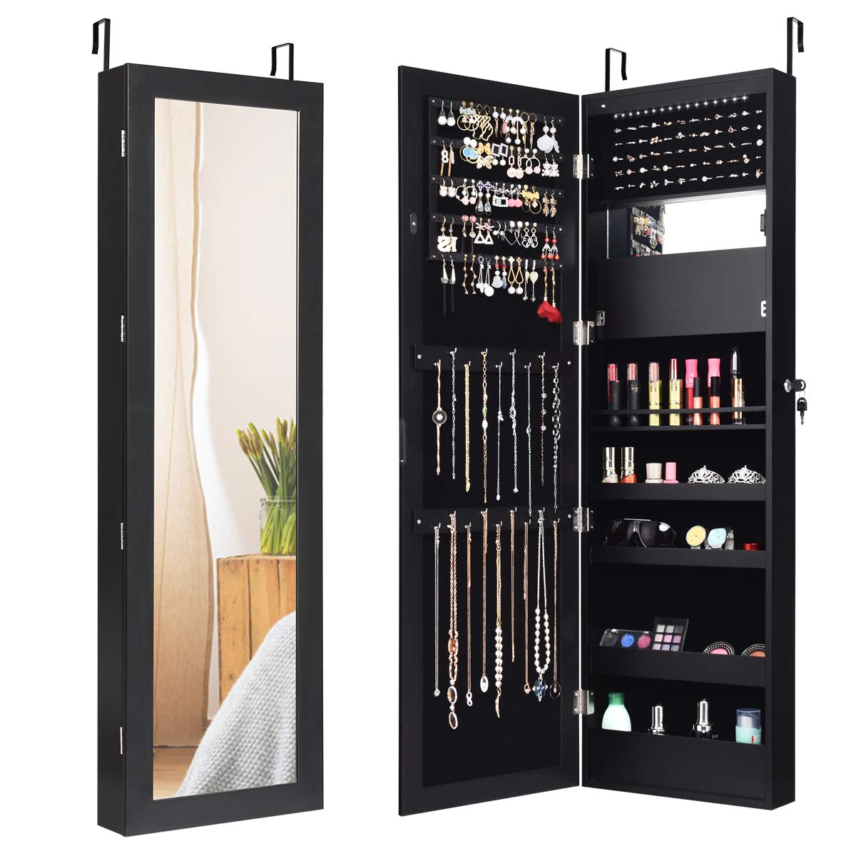 Armoire à Bijoux Murale Avec Miroir Et éclairage LED – Organisateur Verrouillable Blanc – Rangement Cosmétiques Et Bijoux Pour Femme