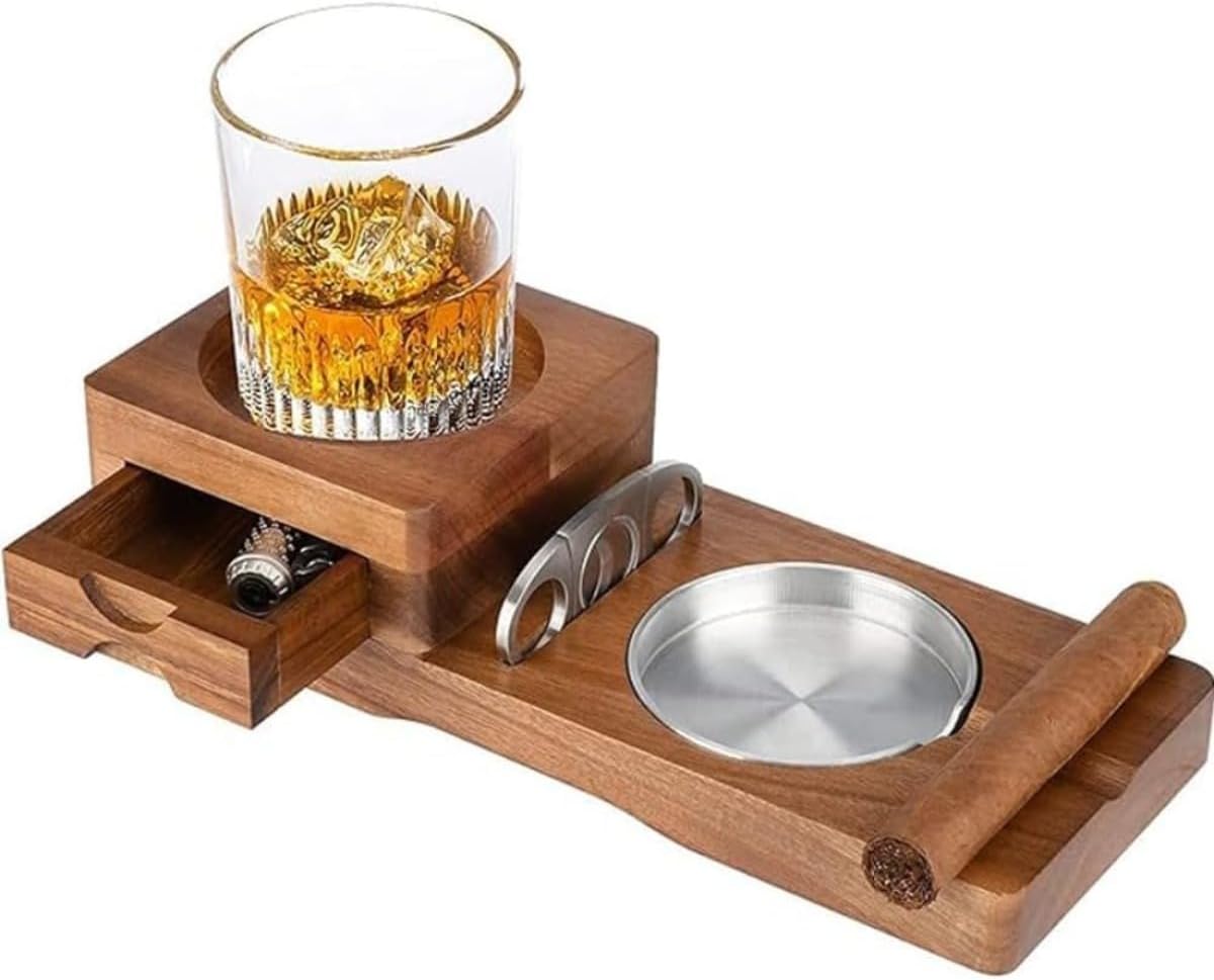KuBen シガー引き出し付きウィスキーカップトレイ、取り外し可能なウッド灰皿男性用室内外共通、シガーケース付属品、ソリッドウッドシ
