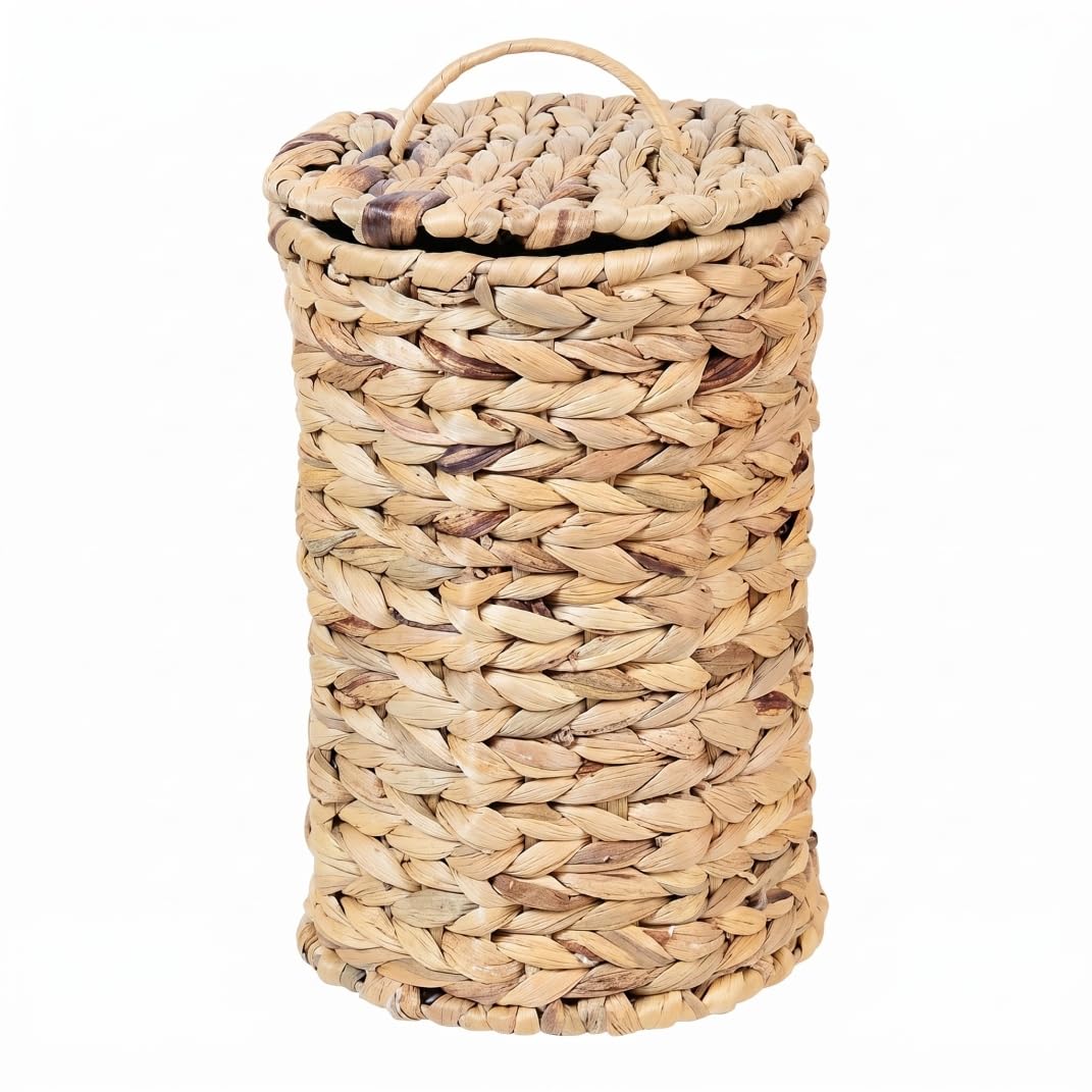 Pattumiera Rotonda, Cestino per la Carta Straccia, Pattumiera in Vimini Intrecciata a Mano in Giacinto d'Acqua con Coperchio per Casa Camera da Letto Ufficio Bagno Soggiorno e Cucina