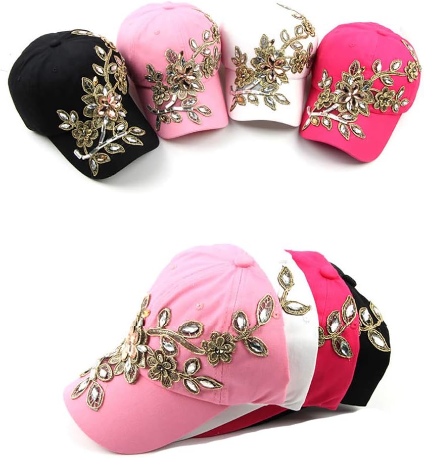 Gudessly Bling Women Baseball Cap Flower Snapback Rhinestone Sun Hats Adjustable Denim Jeans Hat - Image 3