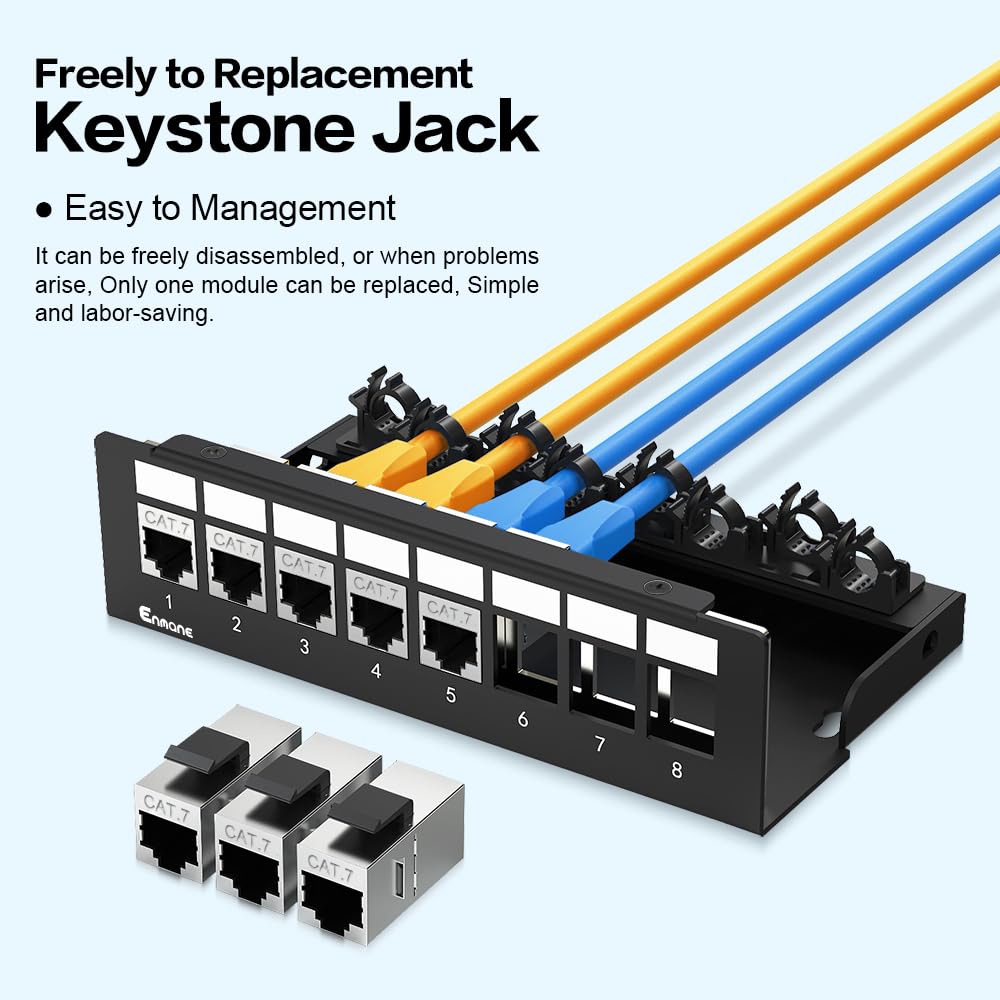 Panneau de brassage 8 ports CAT7 Keystone Panneau de brassage réseau blindé avec gestion intelligente des câbles pour réseau maison/bureau (1U 8 ports, CAT7)