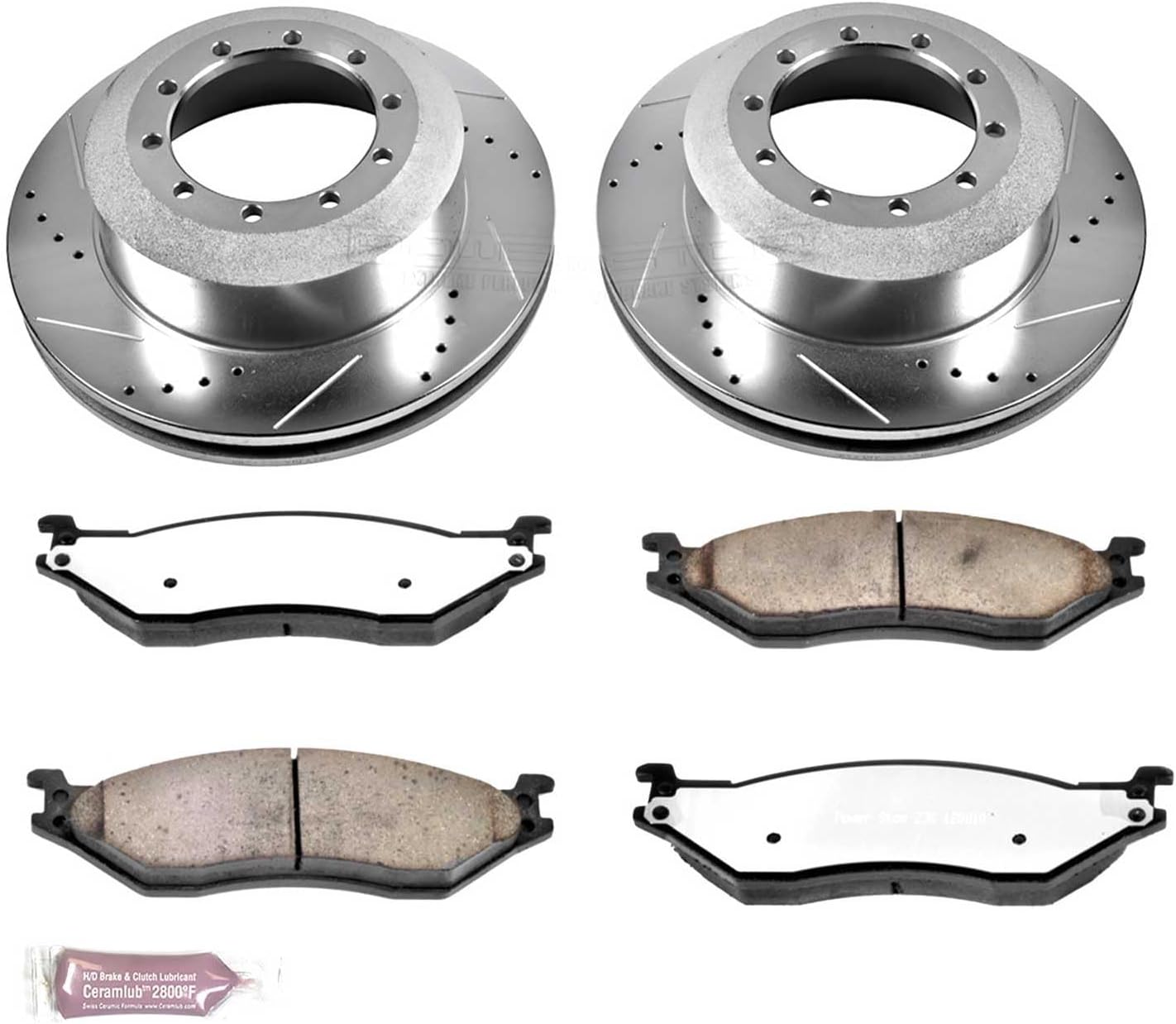 PowerStop Rear Brake Kit For 2005-16 Ford F-450 Super Duty | 2005-16 F-550 Super Duty | LCF 2006-09 - Truck & Tow Carbon Fiber Ceramic Brake Pads + Drilled & Slotted Rotors Upgrade, K5966-36