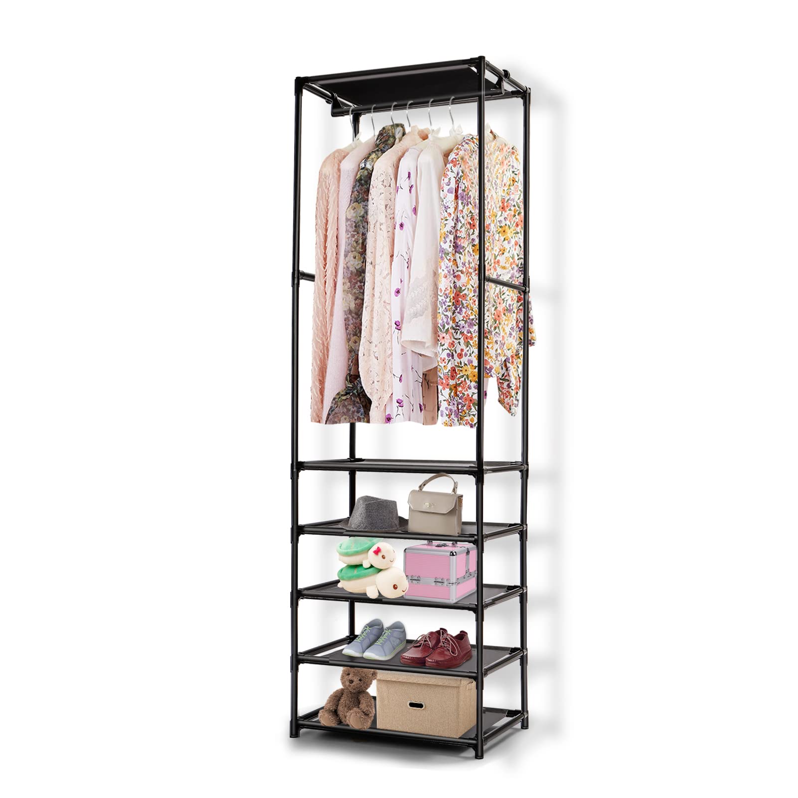Clothe Rail Clothing Rack Heavy Duty 177*55*36cm Freestanding Garment Rack with 5-Tier Storage Shelves Shoe Rack Wardrobe Display Stand Closet Organizer for Bedroom Black