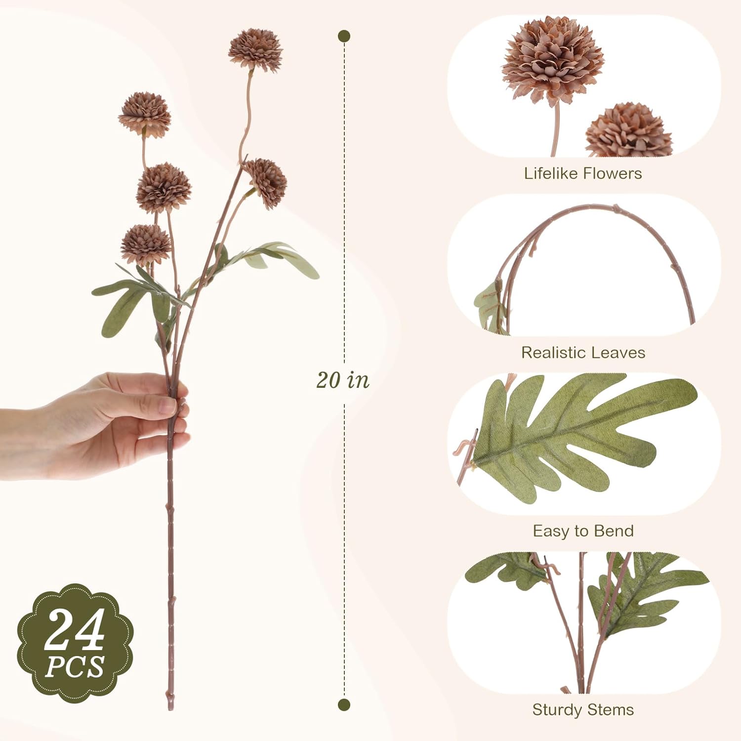 XunYee 24 Pcs Pink Faux Silk Mums Artificial Flowers Bulk Fake Mini Chrysanthemums with Stems Pompon Mums for DIY Blush Wedding Centerpieces Vase Fillers Floral Arrangements Home Decor(Coffee Brown)