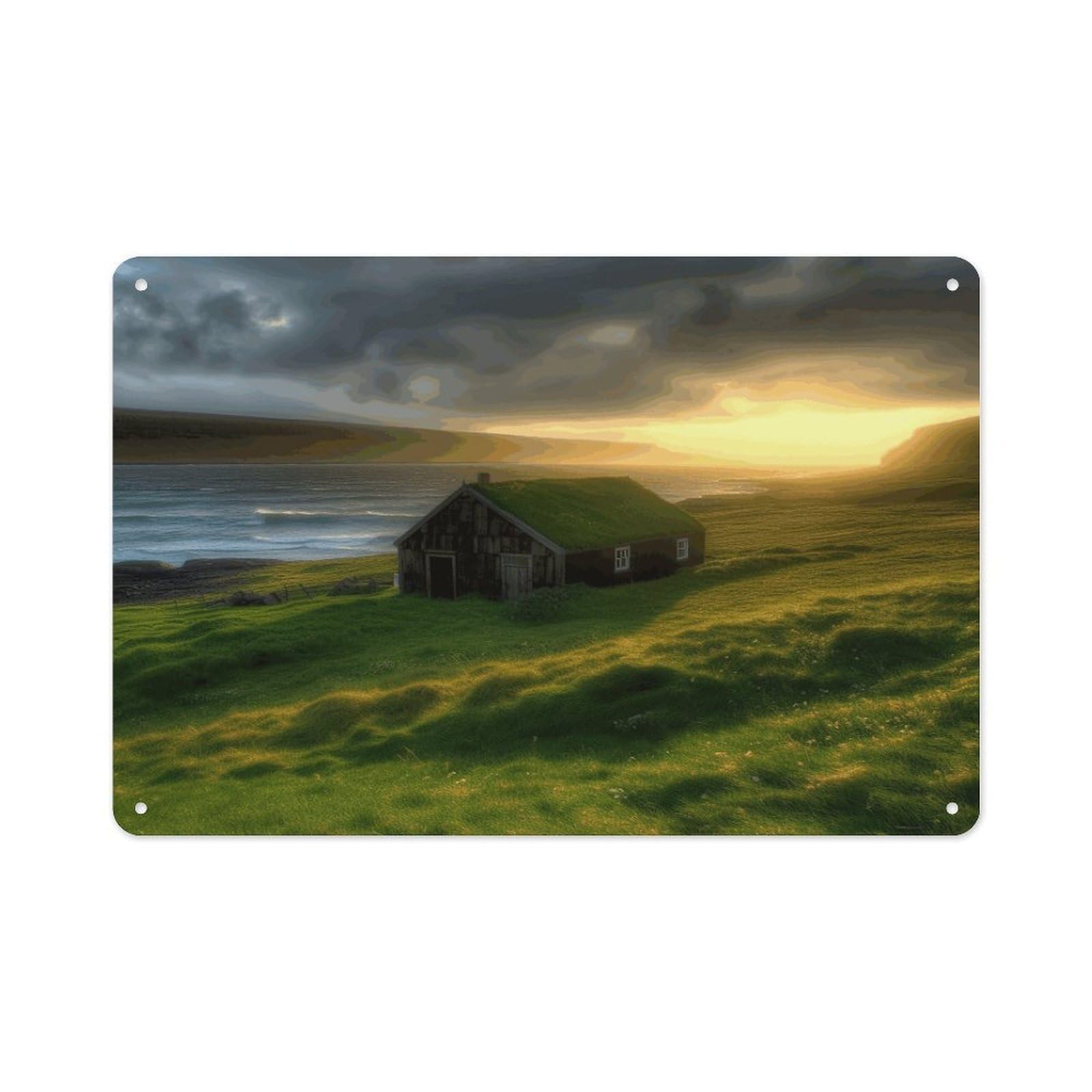 Btcowzrv Style Iceland Hut Grass Coast Sea Sun Rays Metal Sign 7.9 X 11.8 Inch, Aluminum Sign Wall Art Decor Easy To Install, Decorative Plaque For Home Bar Kitchen Pub Shop Garage