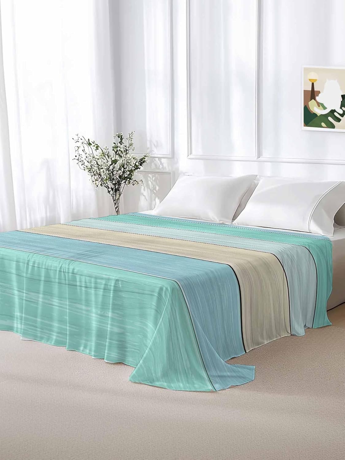 Top Sheet Full Bedding Flat Sheet Only, Watercolor Farm Wood Grain Microfiber Bed Sheets Soft Breathable Bedding Flat Sheets, Blue Teal Beige Wooden Plank Hotel Luxury Top Sheets