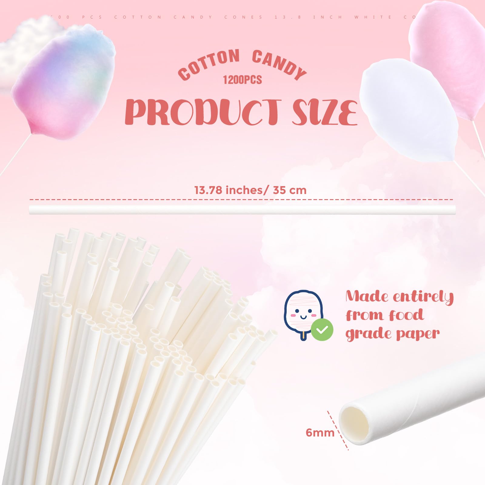 Honeydak 1200 Pcs Cotton Candy Cones 13.8 Inch White Cotton Candy Sticks for Sugar Making Supplies White Holder Sticks for Birthday Parties Festivals