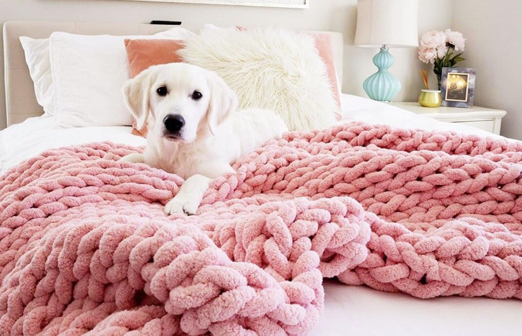 Luxury Chenille Chunky Knitted Blanket Throw, Handmade Knitting Soft Fluffy Blanket for Sofa Couch Bed Home Decor (Color : Pink, Size : 80x100cm)