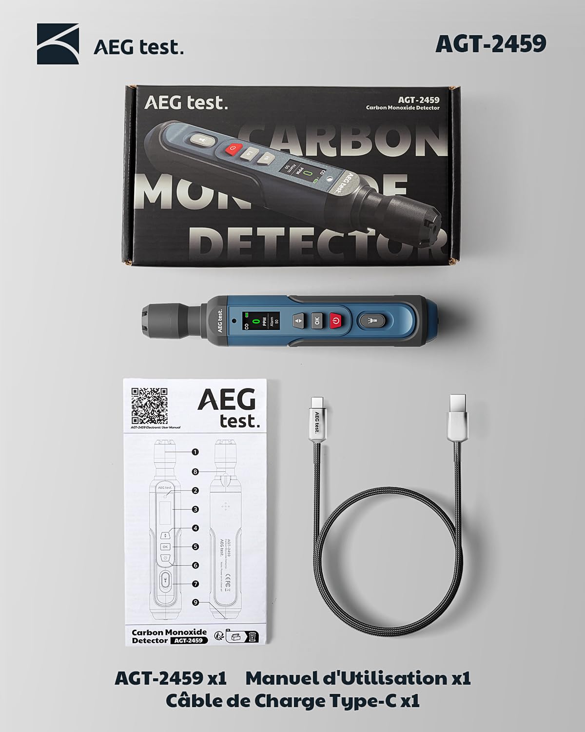 AGT-2459 Détecteur de monoxyde de Carbone Portable, Rechargeable, 0~1000PPM, avec alarmes sonore/visuelle et écran Couleur TFT – pour Maison, Voyage, Industrie – Bleu