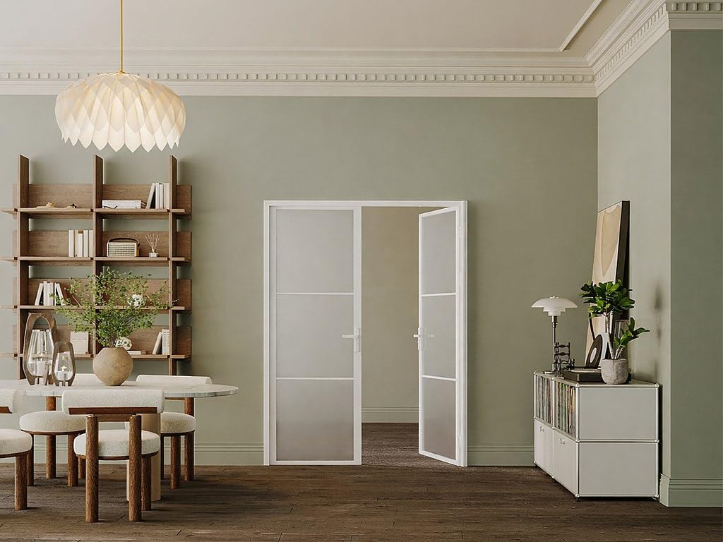 Vente-unique - Bloc porte réversible à deux battants en aluminium et verre dépoli - 2 x H204 x L73 cm - Blanc - MASERU