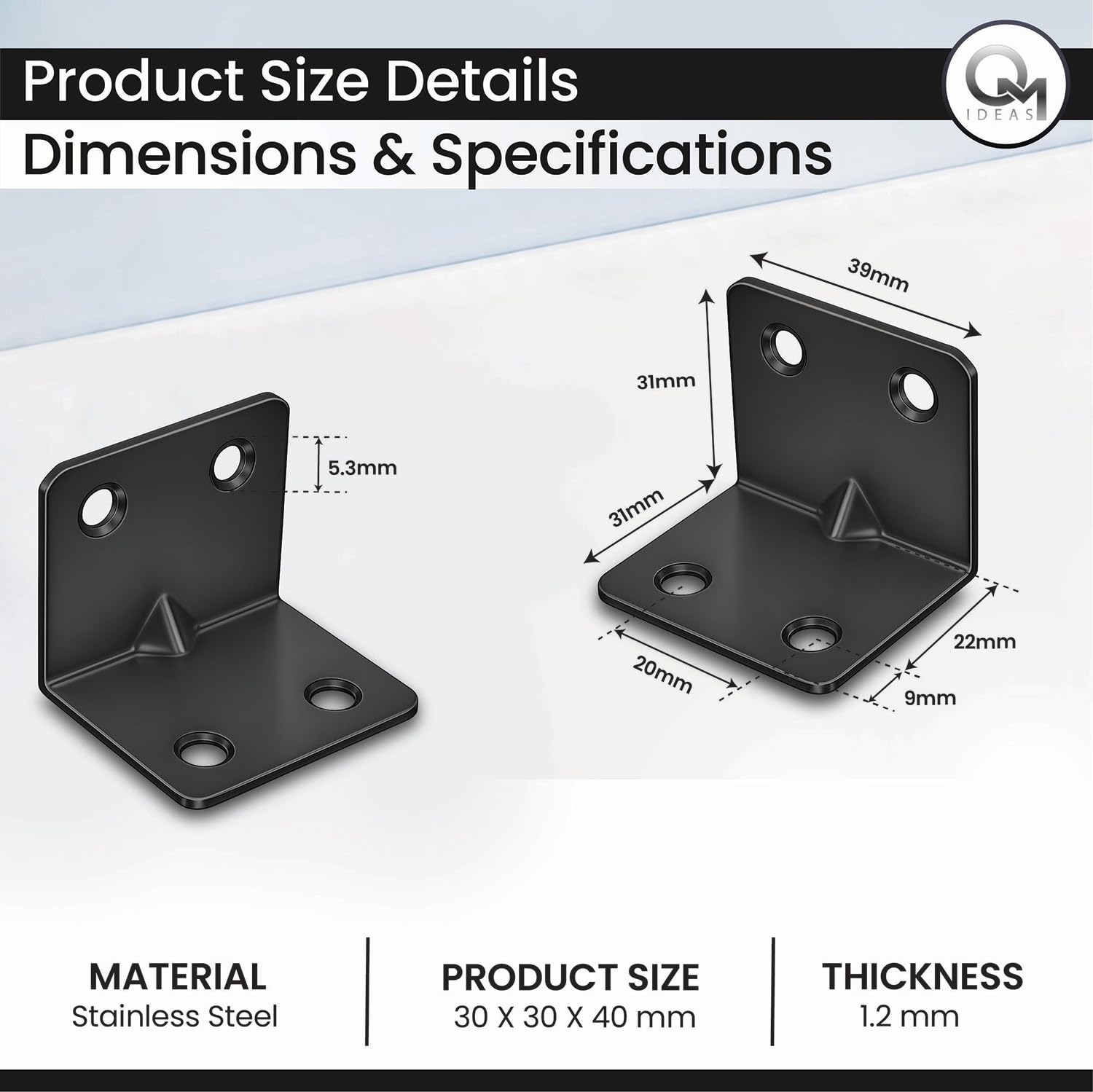 12 x Staffe angolari (30 × 30 × 40) in metallo, per giunzioni in legno, riparazione mobili, connettore a L in acciaio inox nero