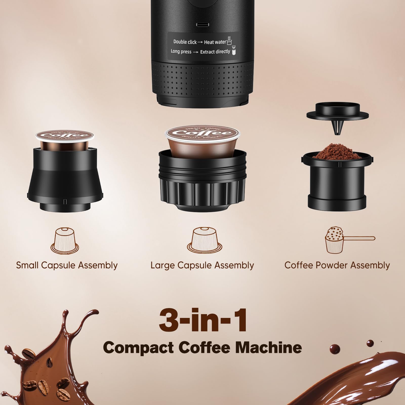 Machine à espresso portable 3 en 1, cafetière à batterie 20bars, mini machine à café nomade avec USB, écran LED, boîte de rangement, compatible café moulu et capsules, pour randonnée, bureau (Noir)