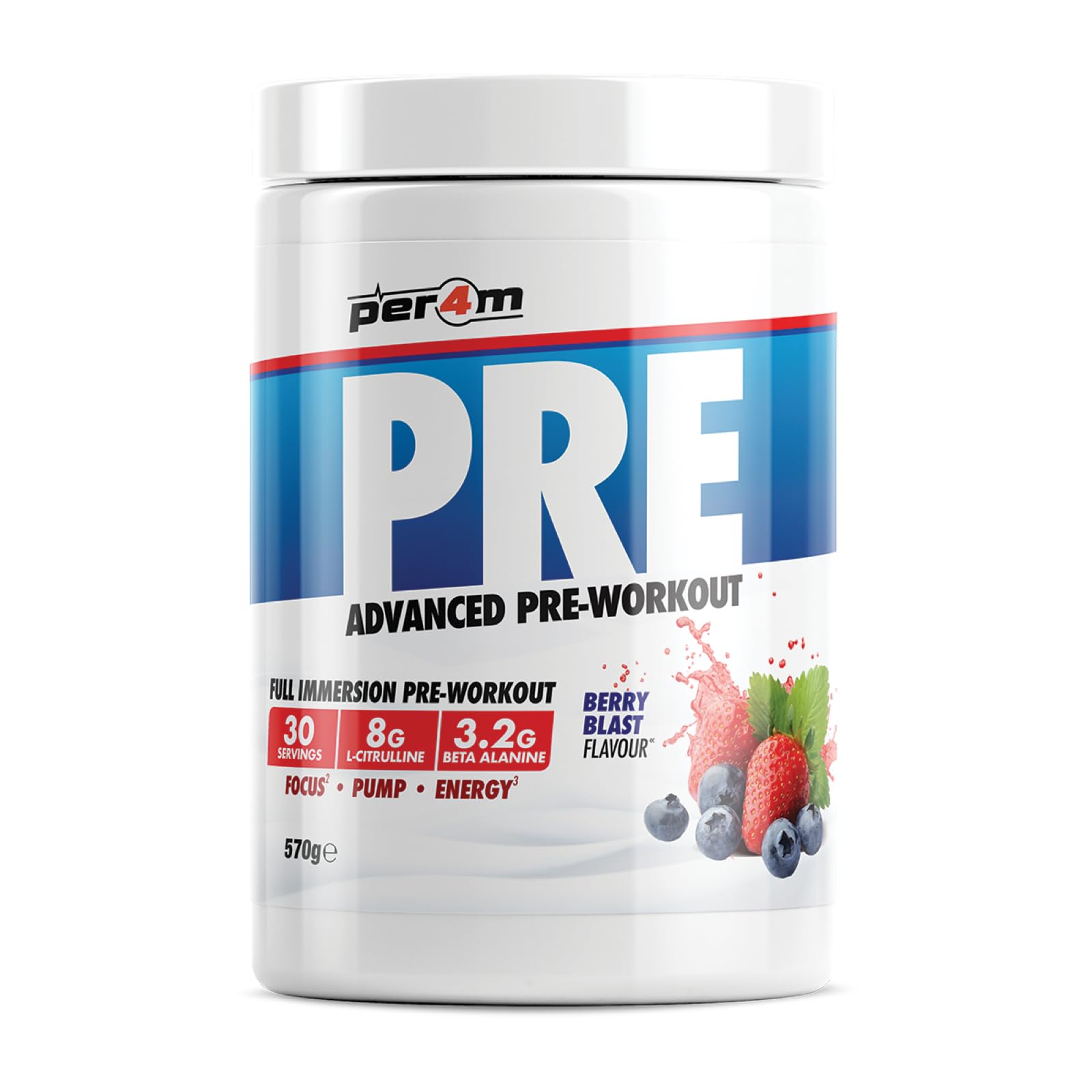 Per4m Pre Workout Powder | Intense Pump, Sustained Energy & Mental Focus | L-Citrulline, Beta Alanine & Caffeine & Added Hydration (570g, Berry Blast)