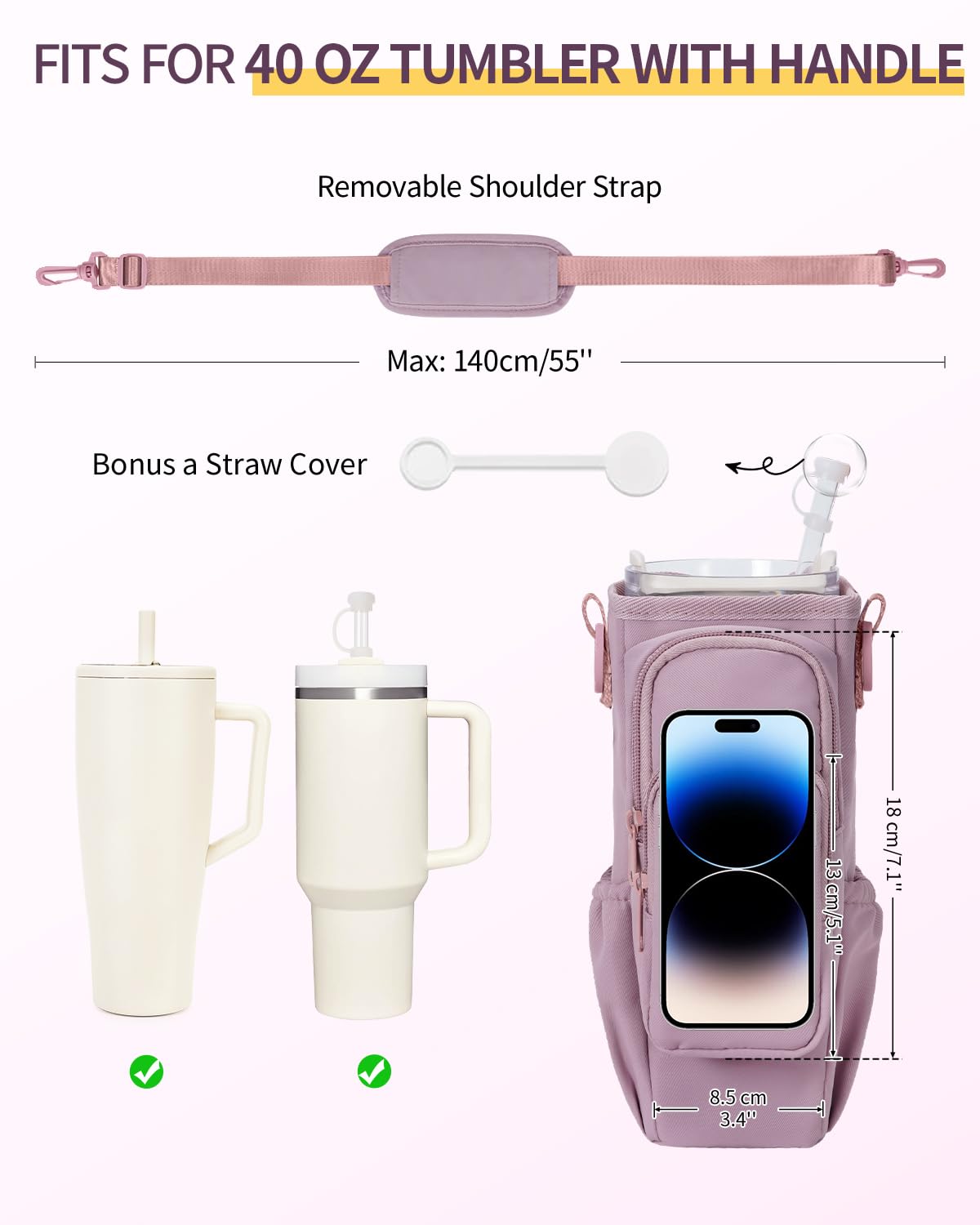 sportsnew Birthday Gifts for Women Personalized Initial Water Bottle Holder with Strap fits most 40oz Tumbler with Handle Water Bottle Carrier Bag with Phone Pocket & Straw Topper Tumbler Accessories