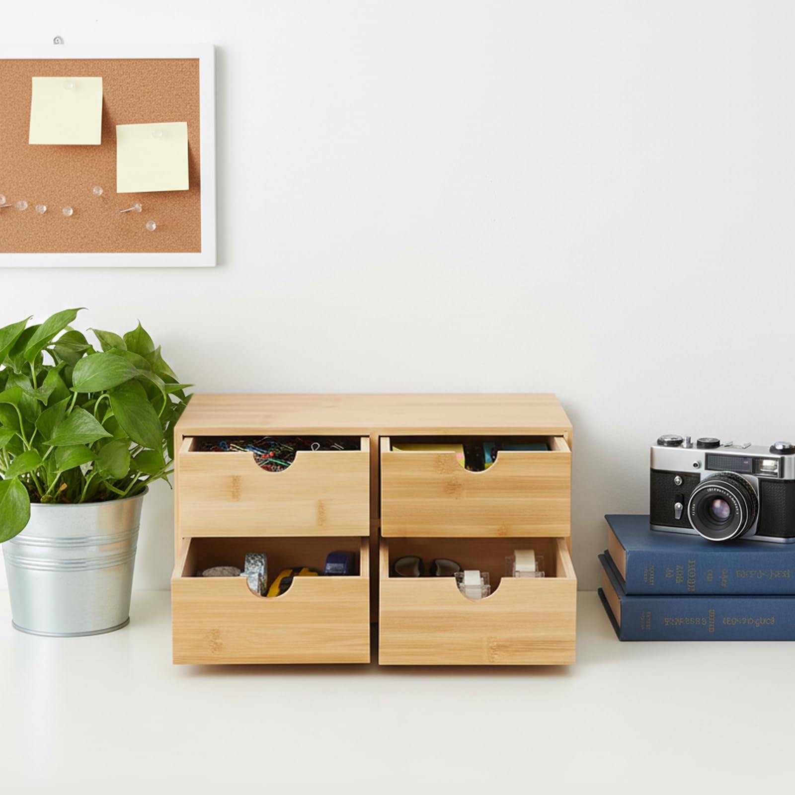 Organizer per cassetti in bambù per scrivania, scatola portaoggetti in legno con 4 cassetti, mini Kommode per ufficio, 33 x 19 x 16 cm, soluzione da scrivania elegante e funzionale