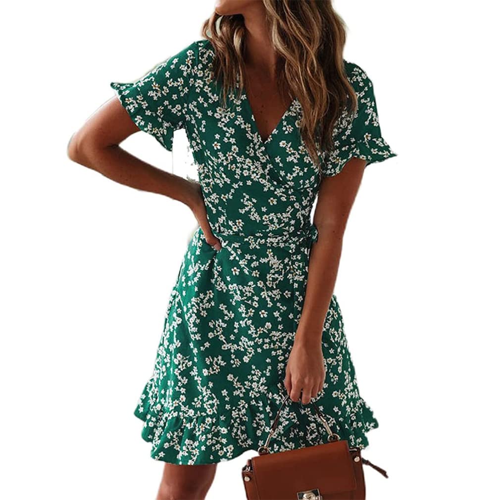CheChury Mujeres Casual Verano Vestidos 2024 Moda Gasa Cuello en V Magas Cortas Estampado Floral Vacaciones Vestido Elegante Bohemio Vestido de Playa