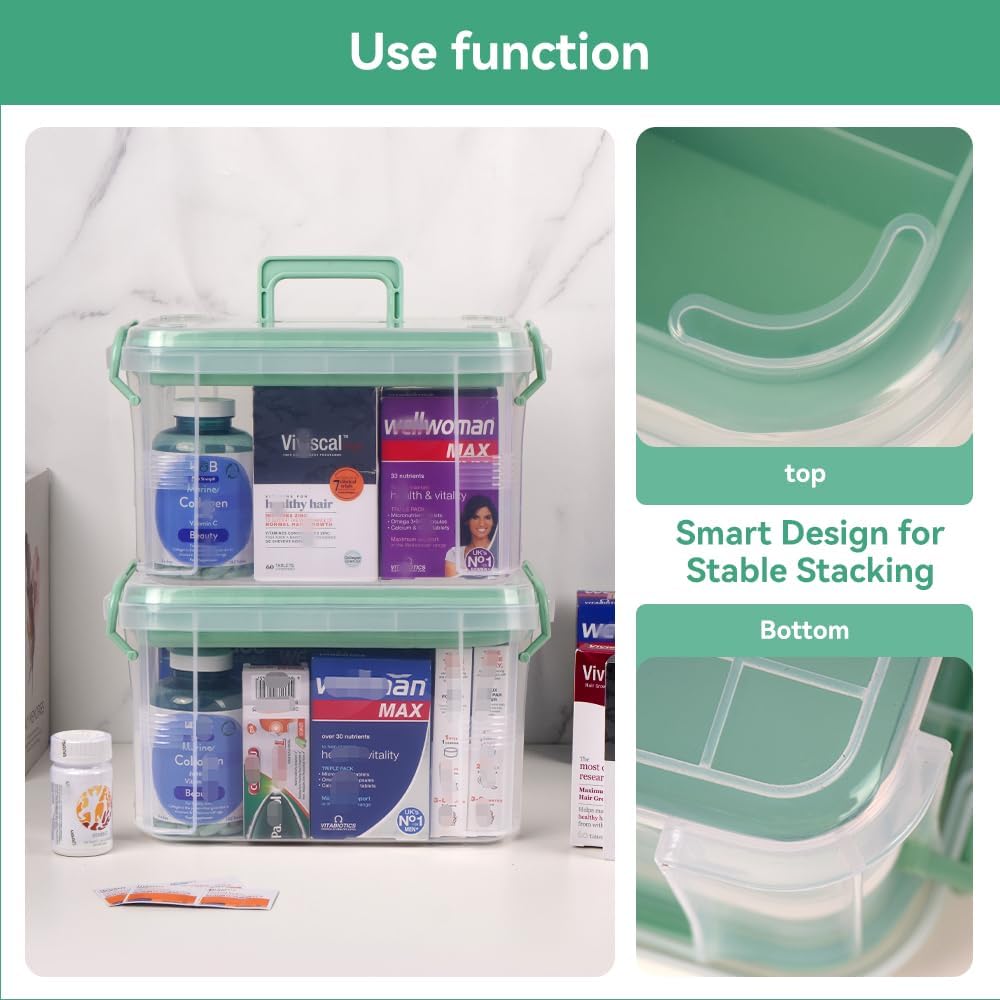 DOUKE 15qt Clear Medicine Organizer Storage Box with Handle, Plastic Empty First Aid Box with Tray, Multipurpose Medical Storage Container, Medication Organizer Chest for Home, Baby, Elderly, Dorm