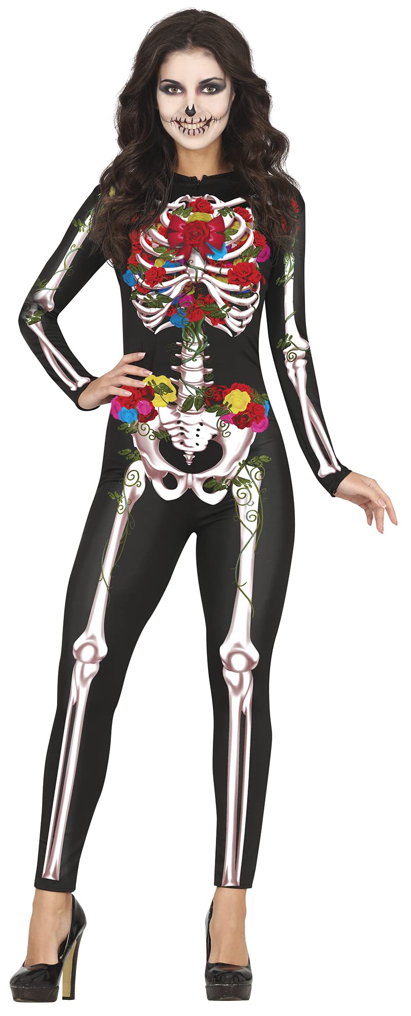 FIESTAS GUIRCA Bones and Roses Day Of The Dead Jumpsuit - Flowered Skeleton Catsuit Halloween Costume Adult Women - Adults Fancy Dress Costumes Women Size M 10-12