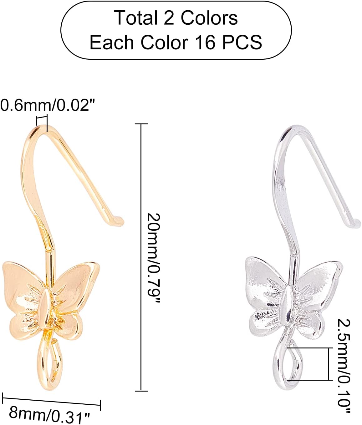 SUPERFINDINGS 32Pcs 2 Colors Butterfly Earring Hooks Brass Earring Hooks Ear Wire with Loop 20x8mm Fish Hook Earrings Hypo-allergenic Elegant Dangle Earrings for DIY Jewelry Making, Hole: 2.5mm