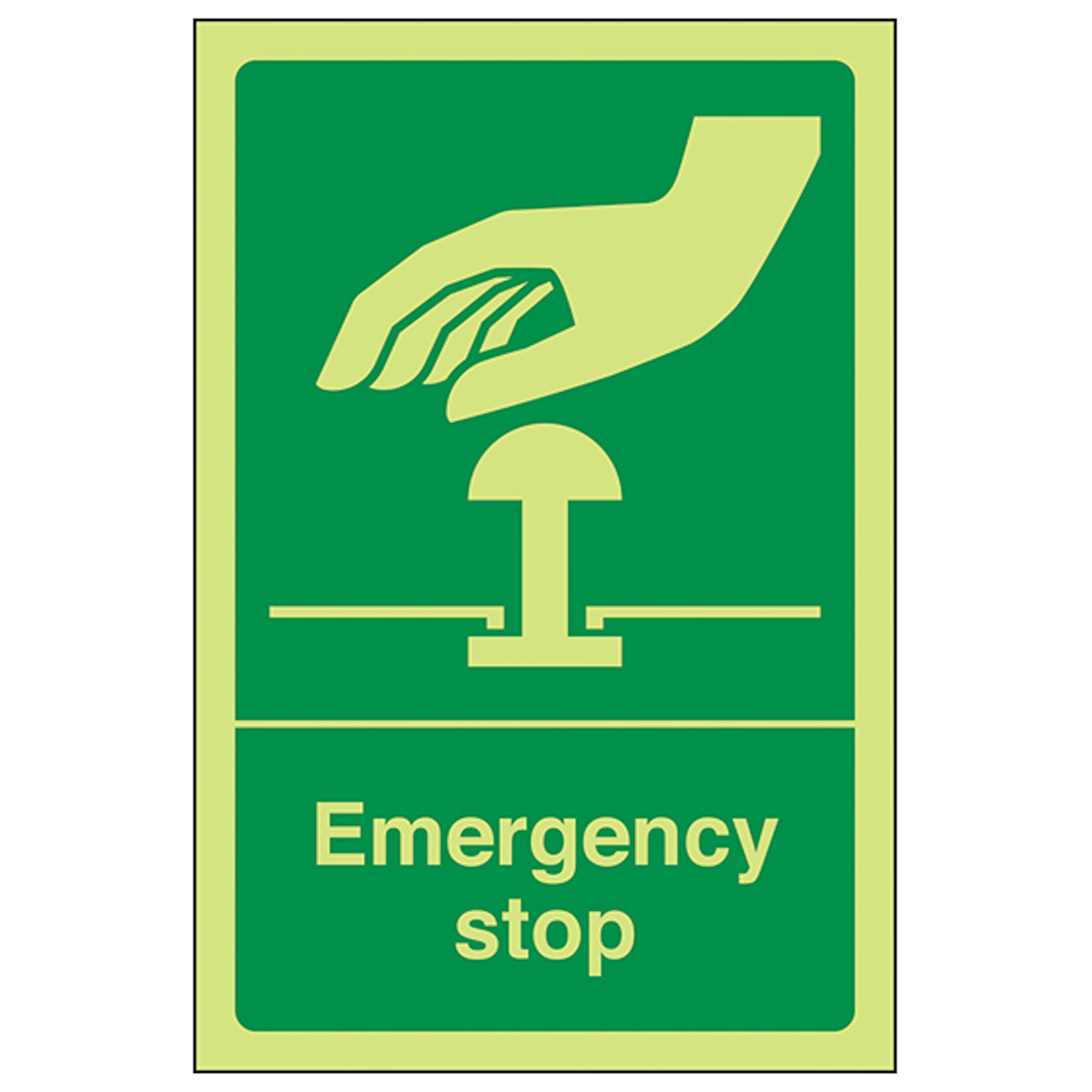V Safety GITD Green Emergency Stop - Portrait 100 x 150 mm - Glow In The Dark Self Adhesive Vinyl Safety Sign