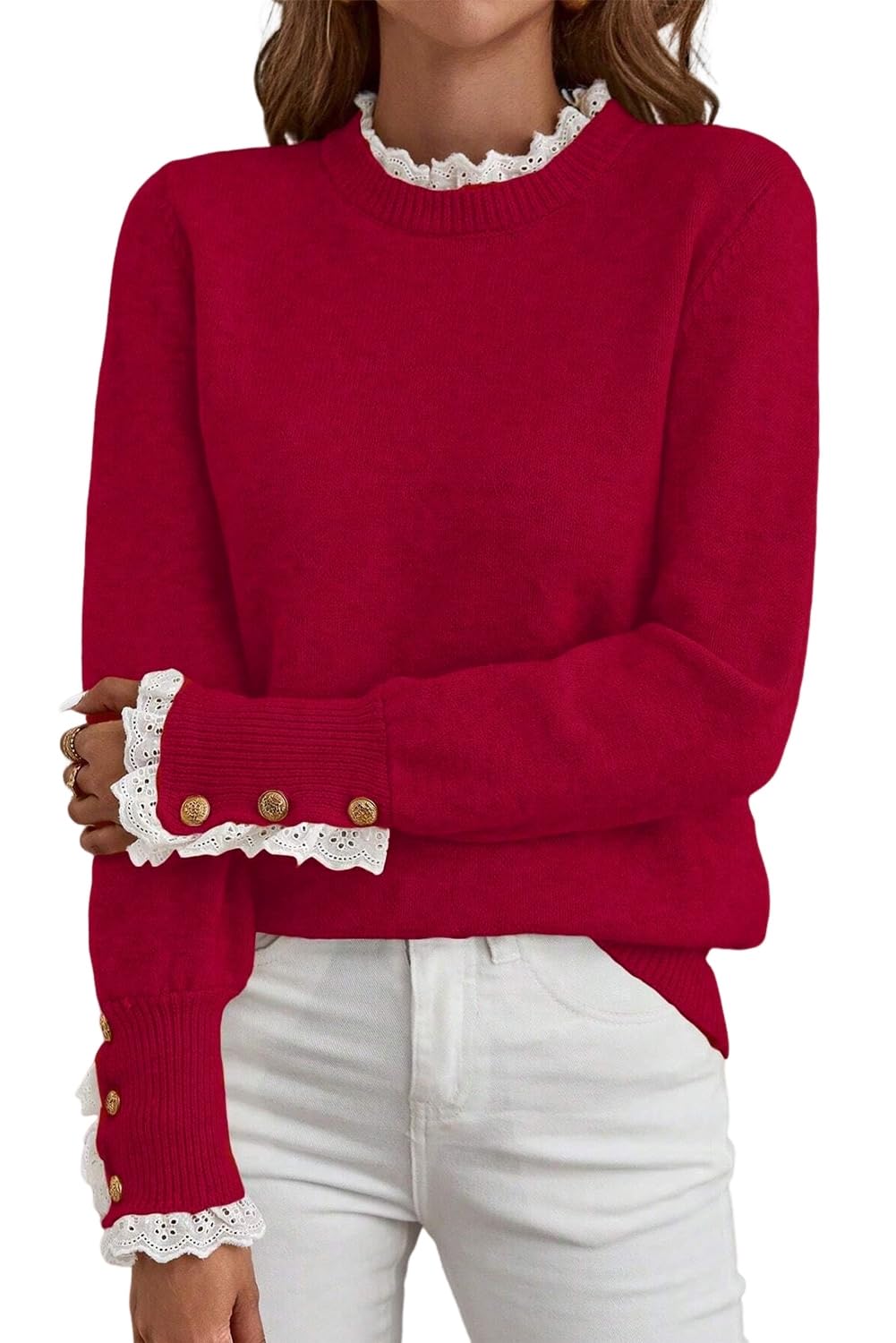 Womens Pullover Sweater Jet Stream Lace Trim Patchwork Buttoned Cuffs Loose Sweater